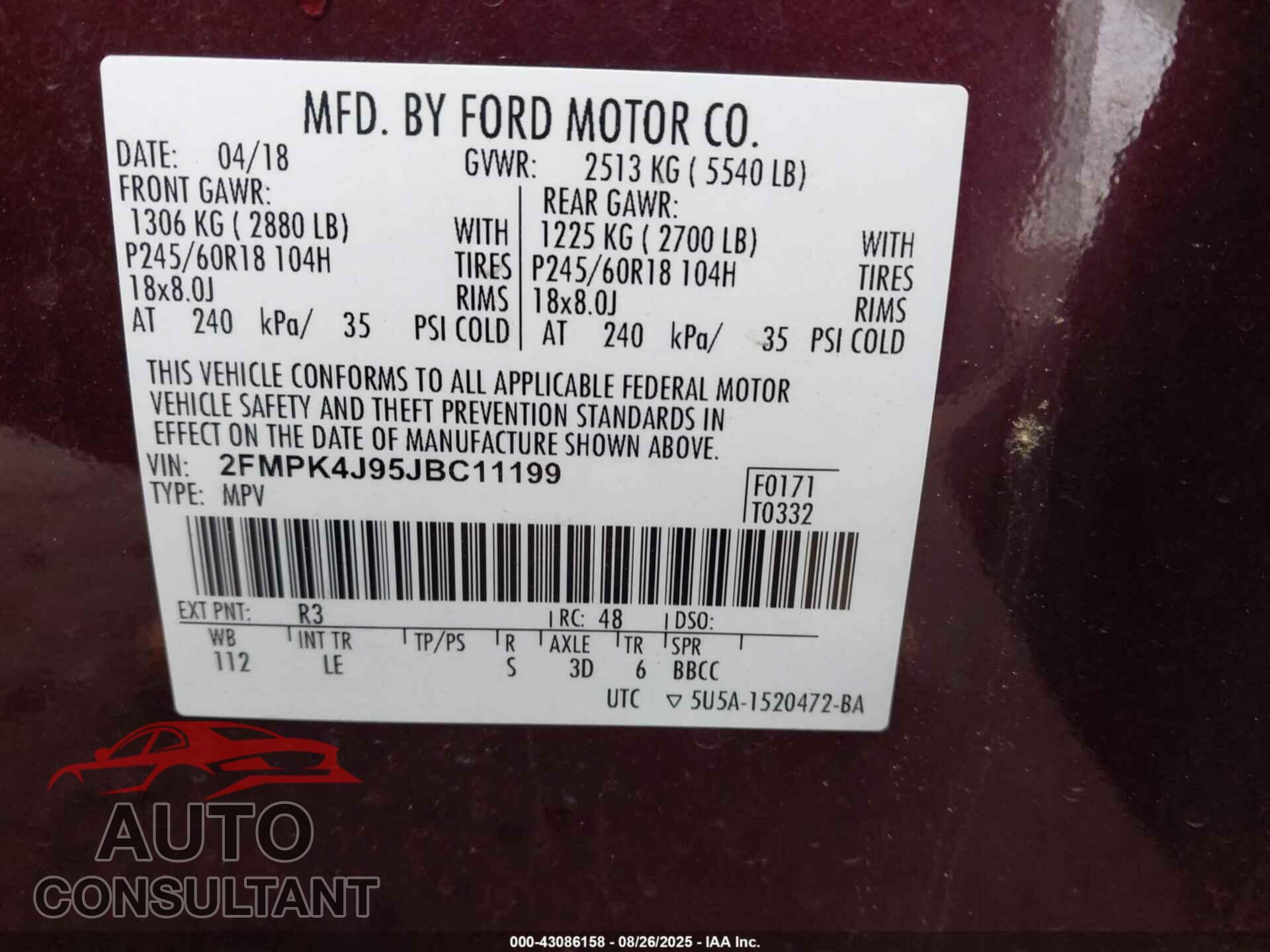 FORD EDGE 2018 - 2FMPK4J95JBC11199