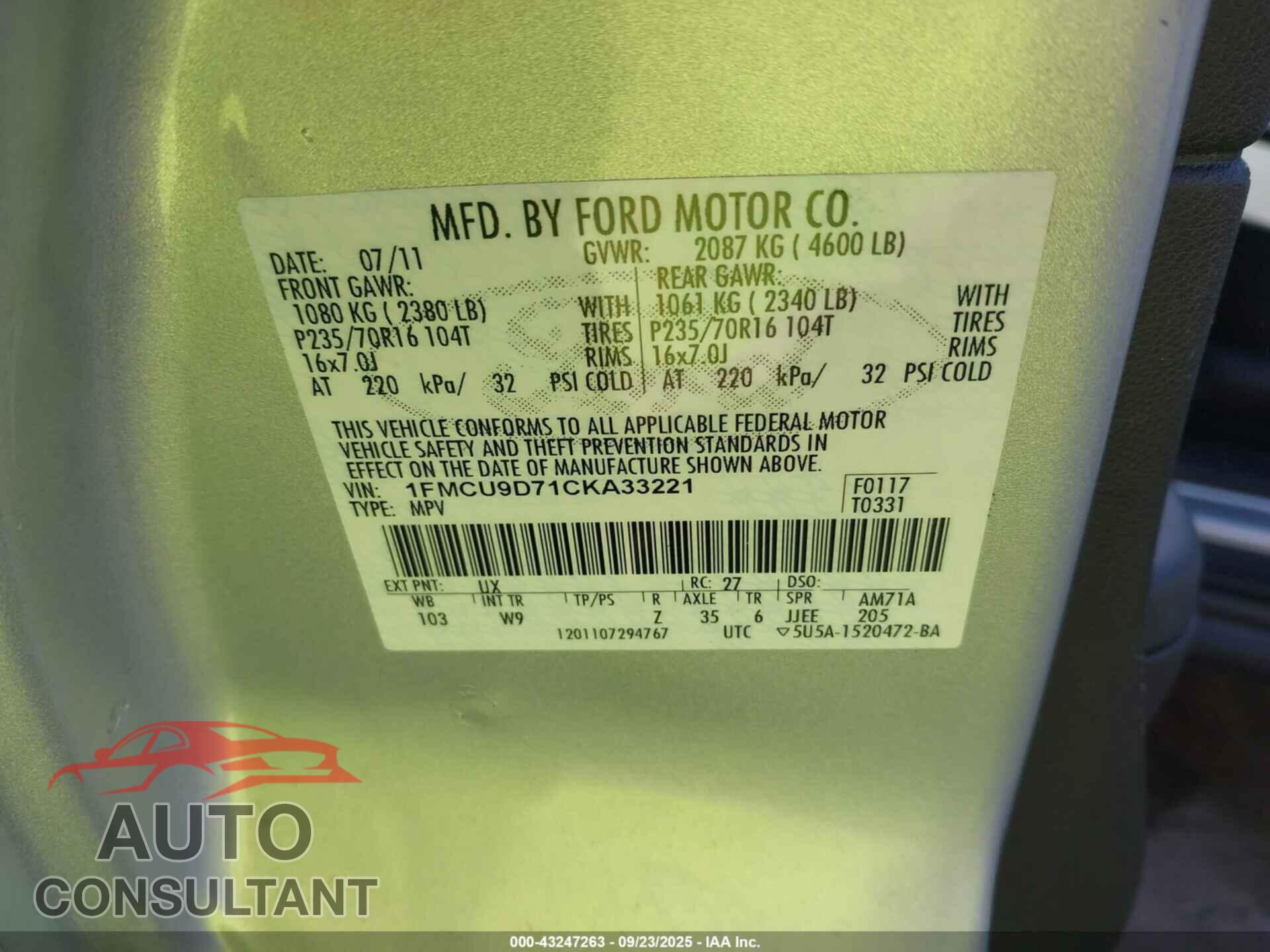 FORD ESCAPE 2012 - 1FMCU9D71CKA33221