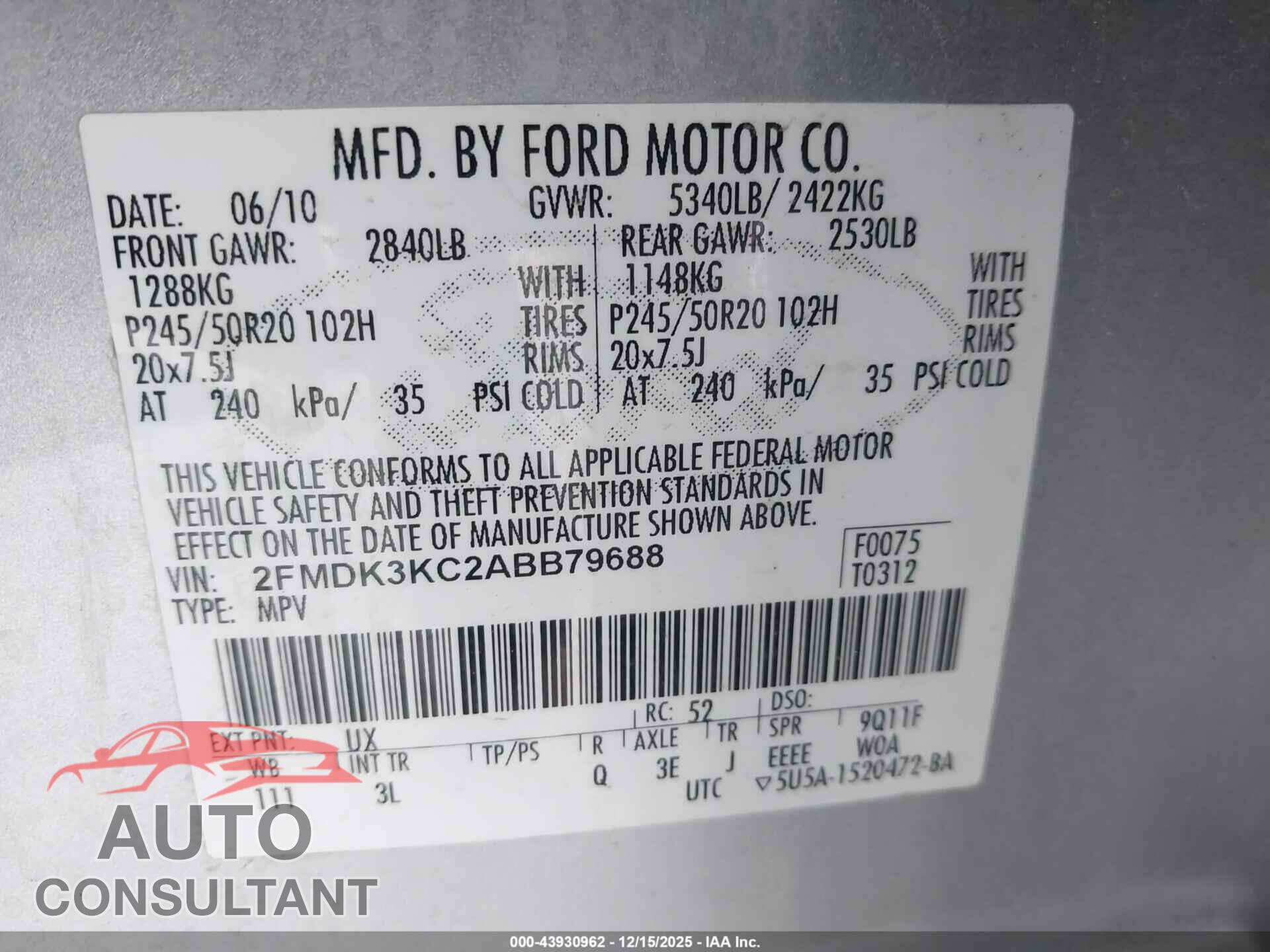 FORD EDGE 2010 - 2FMDK3KC2ABB79688
