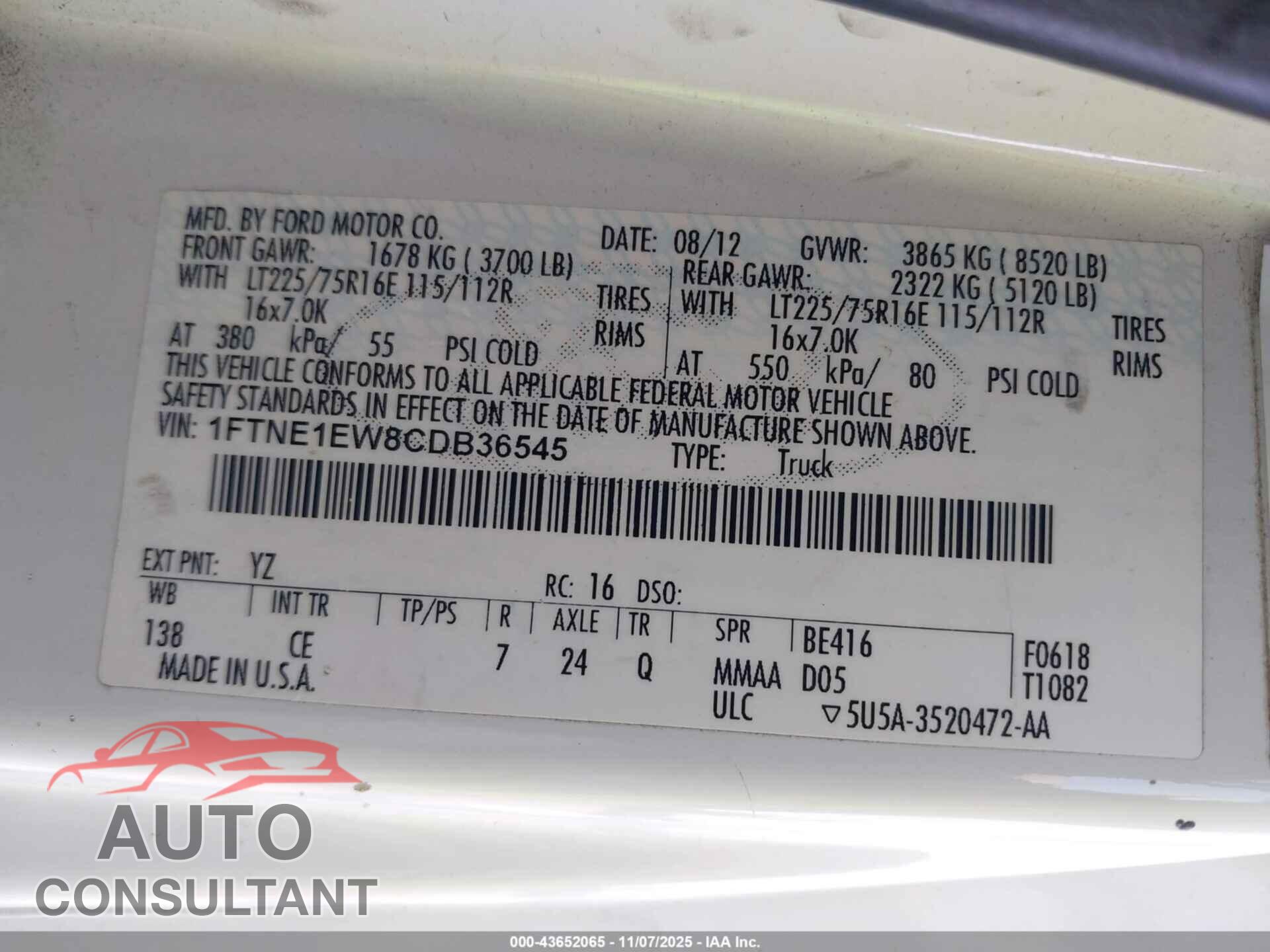 FORD E-150 2012 - 1FTNE1EW8CDB36545