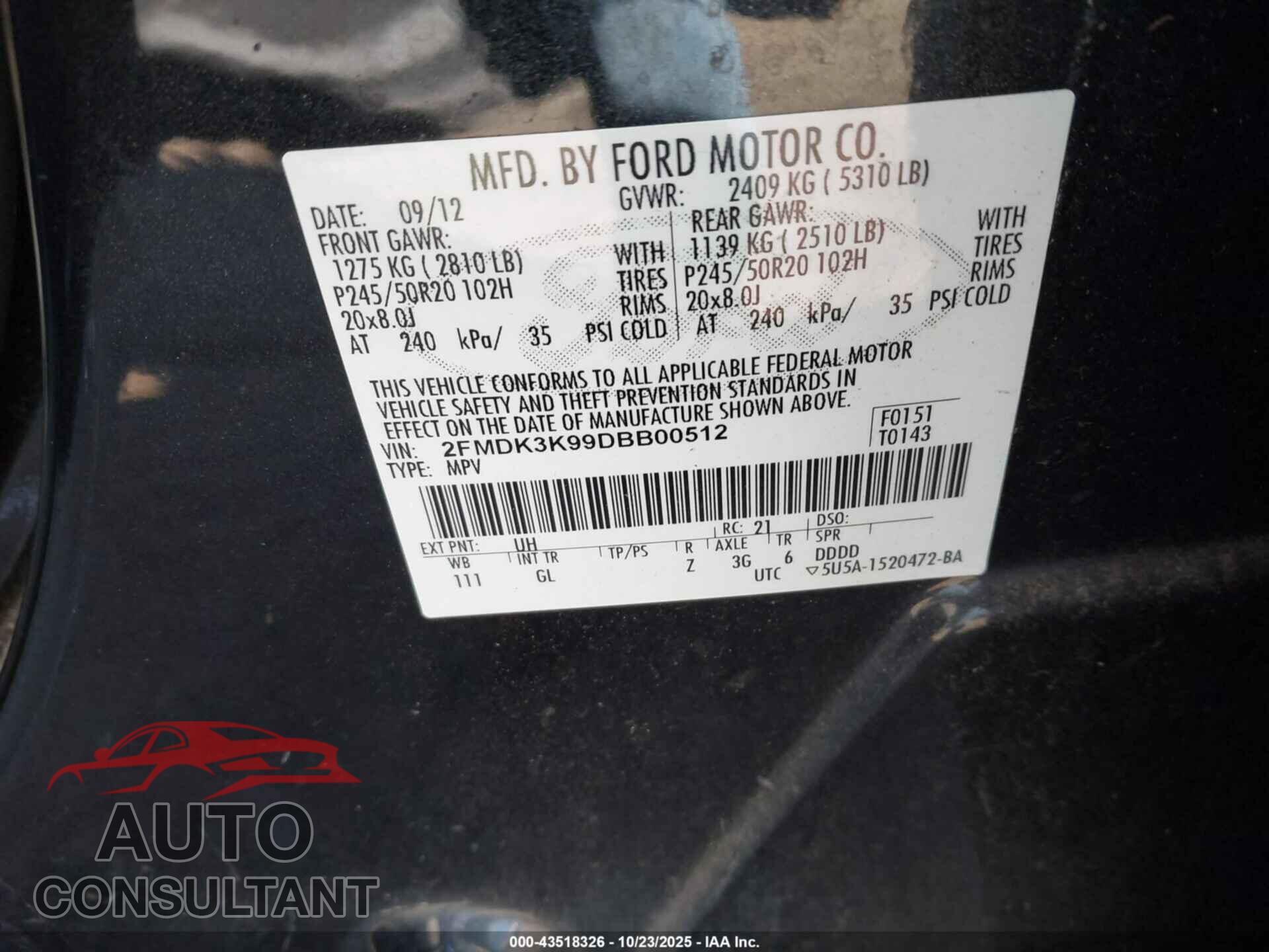 FORD EDGE 2013 - 2FMDK3K99DBB00512