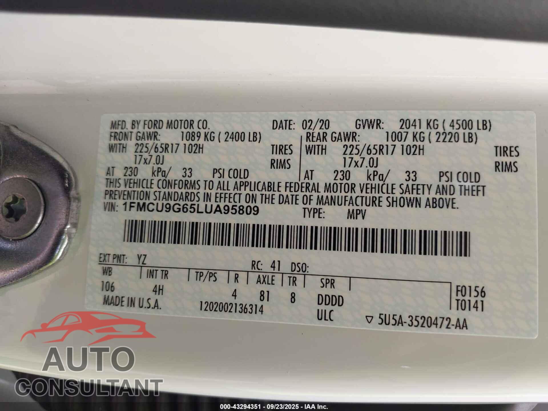 FORD ESCAPE 2020 - 1FMCU9G65LUA95809