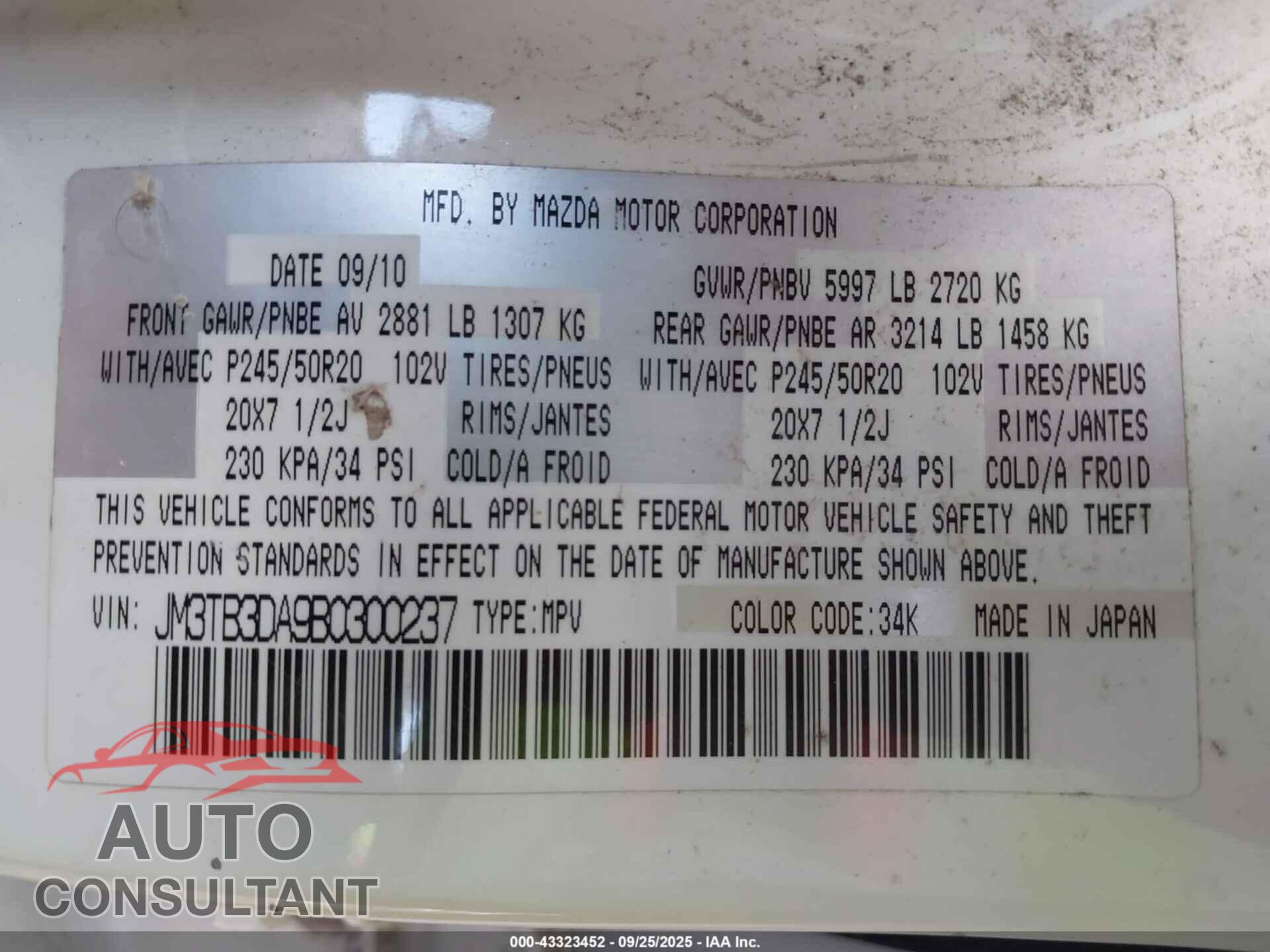 MAZDA CX-9 2011 - JM3TB3DA9B0300237