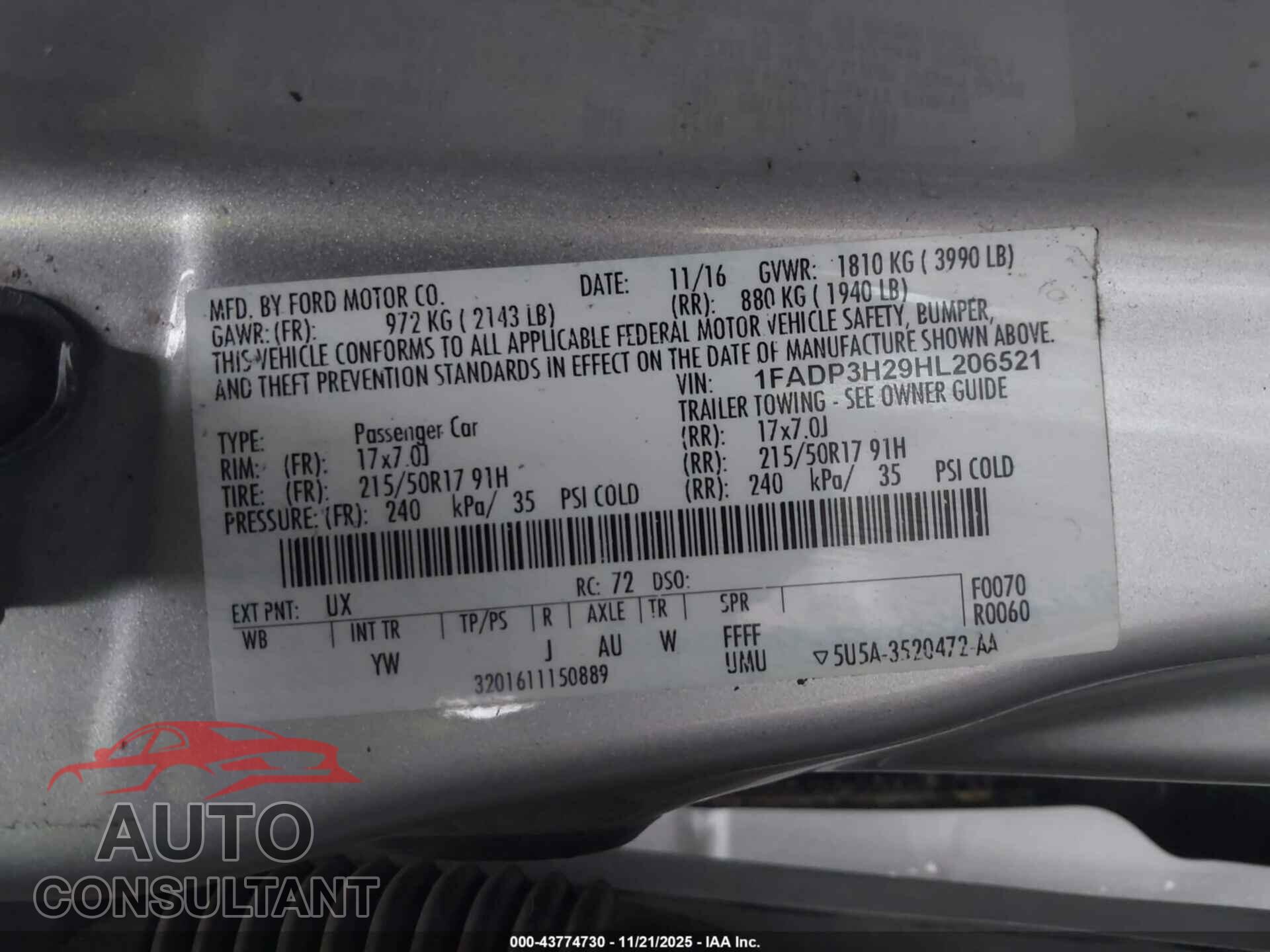 FORD FOCUS 2017 - 1FADP3H29HL206521