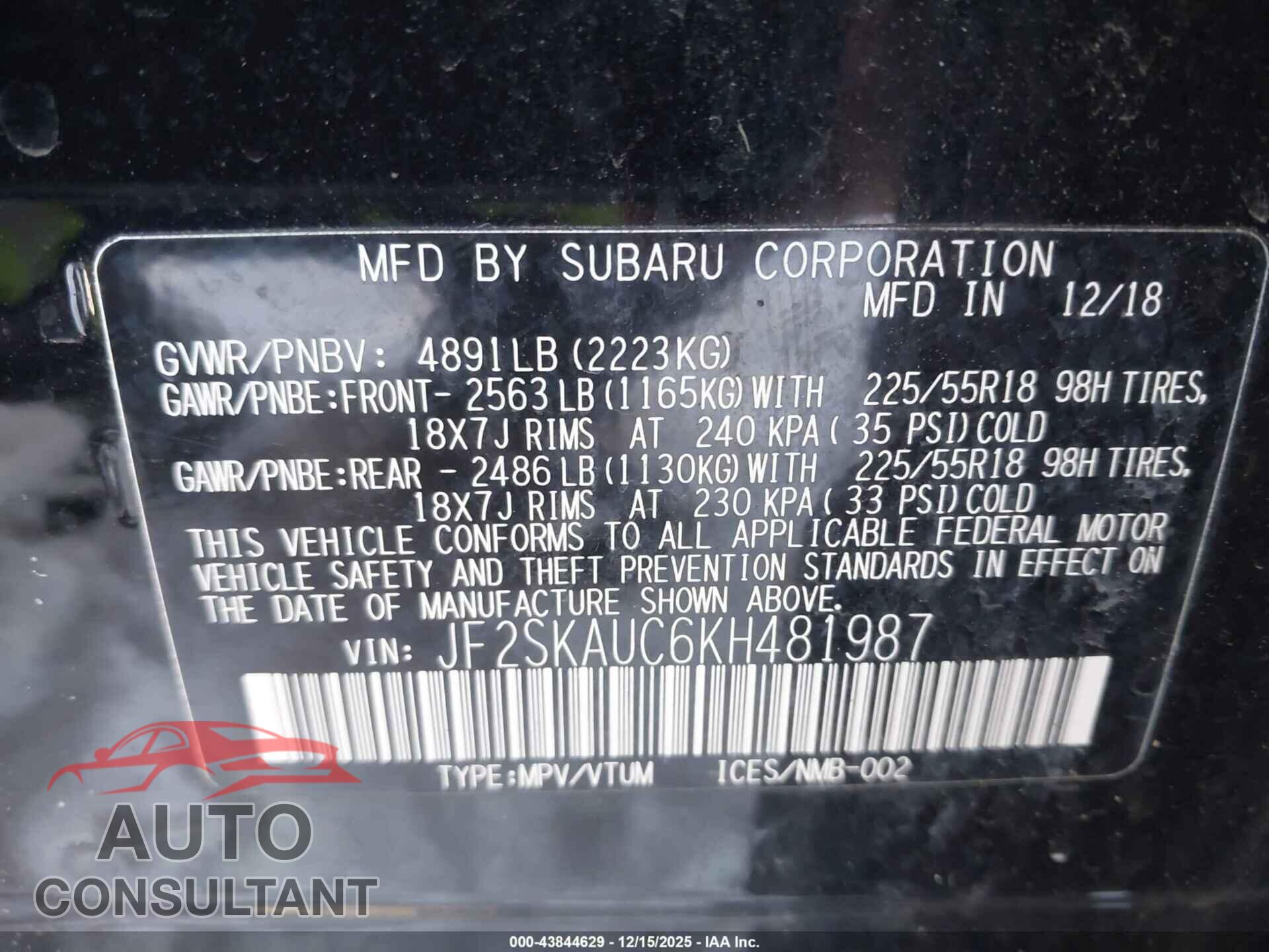 SUBARU FORESTER 2019 - JF2SKAUC6KH481987