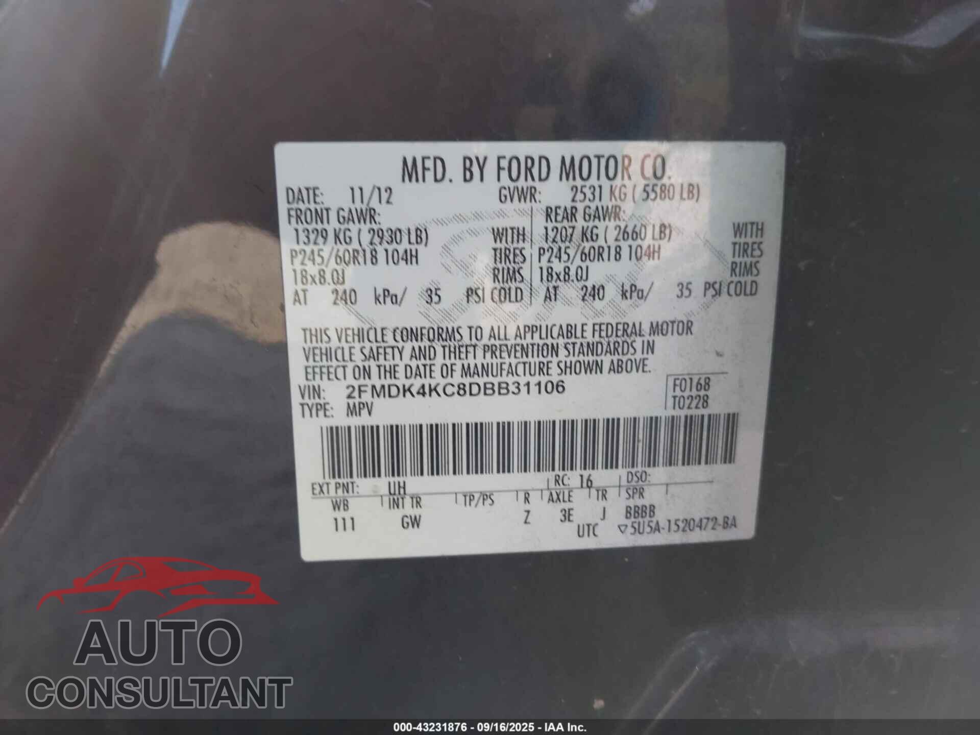 FORD EDGE 2013 - 2FMDK4KC8DBB31106