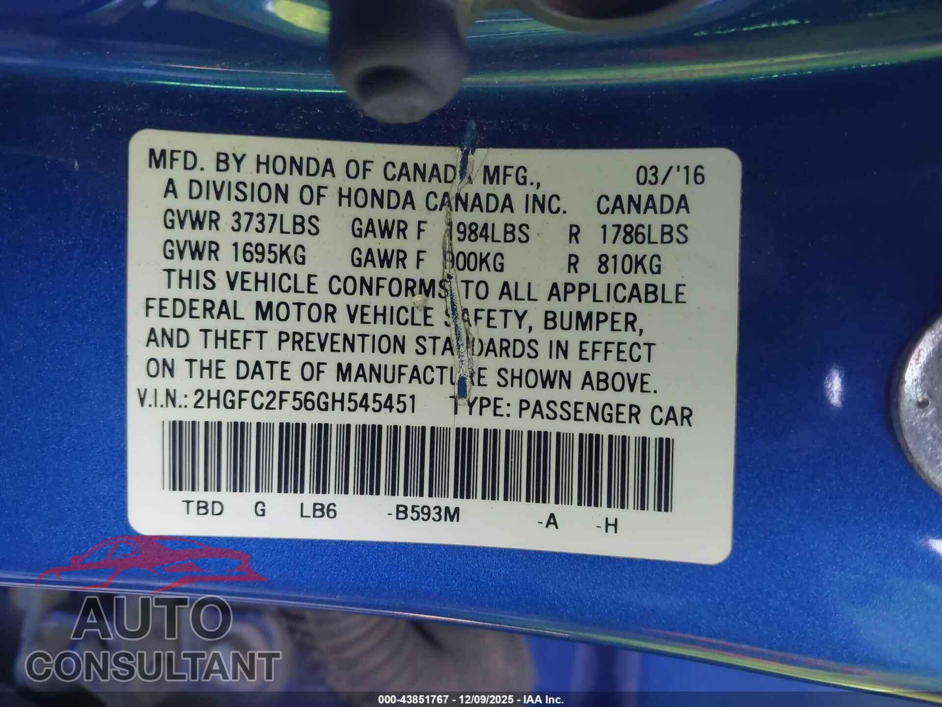 HONDA CIVIC 2016 - 2HGFC2F56GH545451