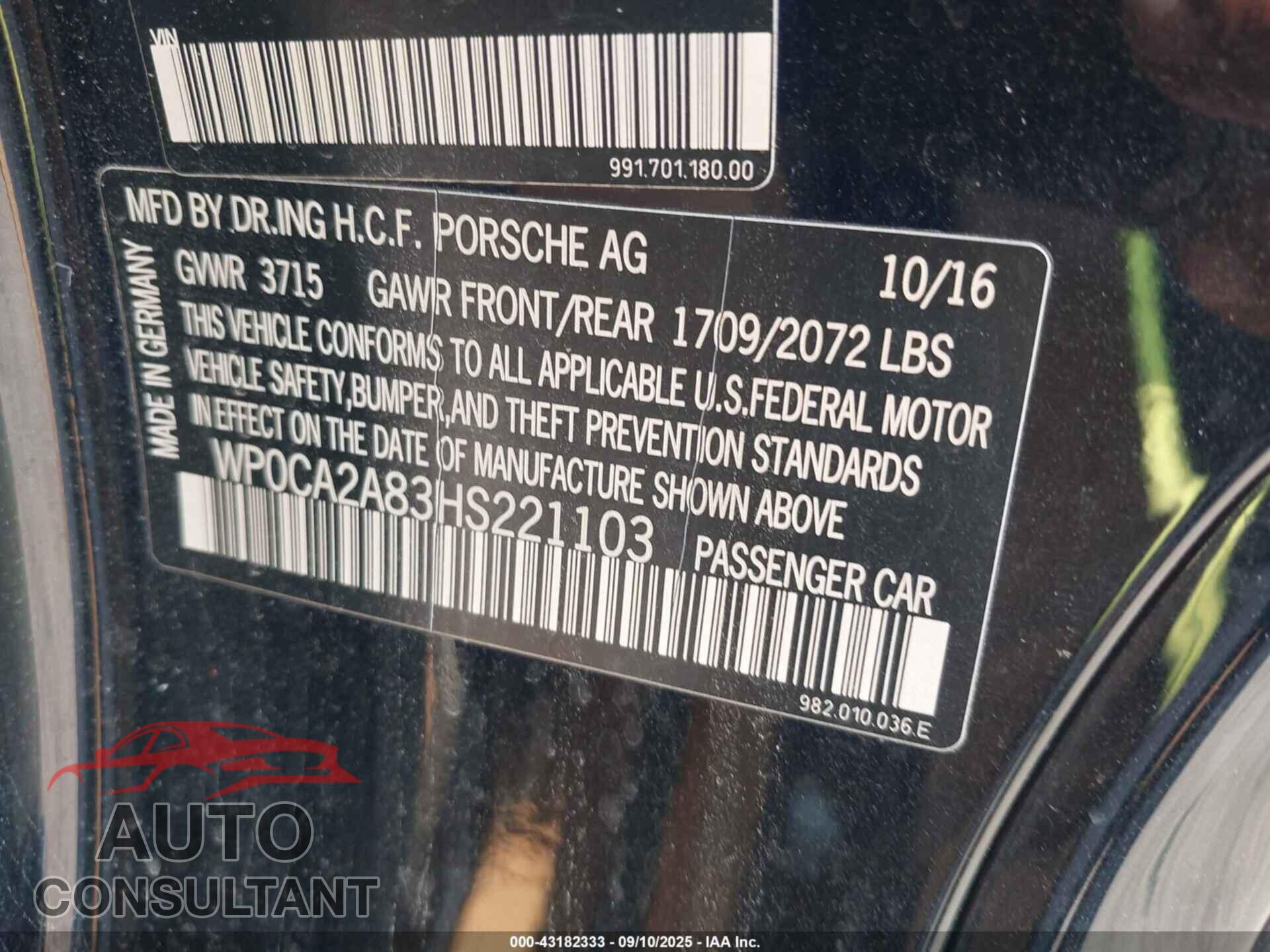 PORSCHE 718 BOXSTER 2017 - WP0CA2A83HS221103