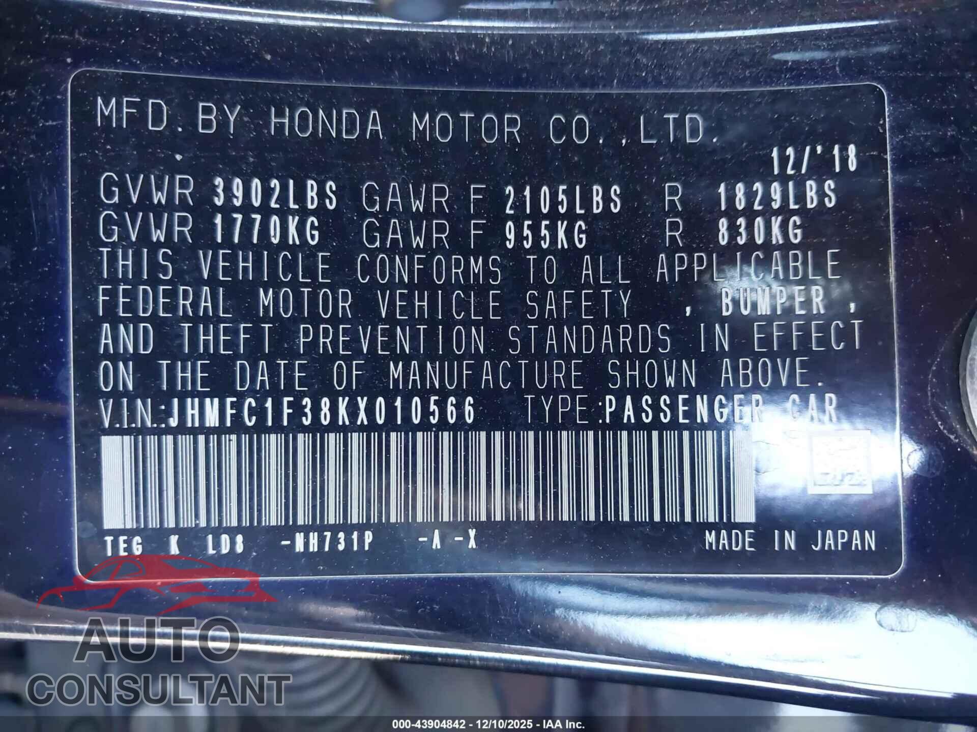 HONDA CIVIC 2019 - JHMFC1F38KX010566