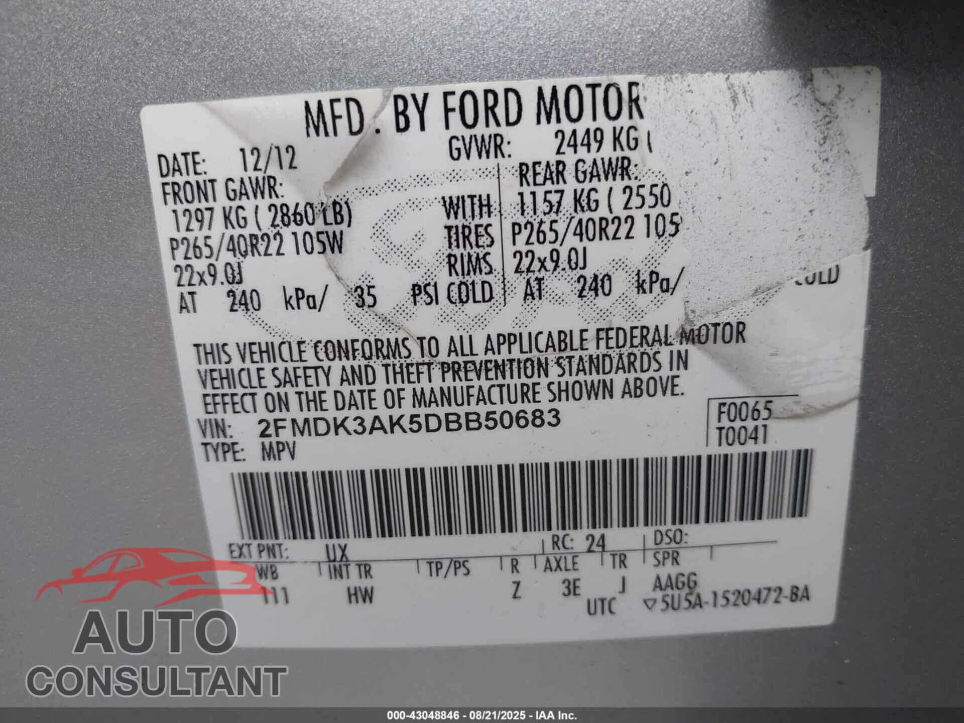 FORD EDGE 2013 - 2FMDK3AK5DBB50683