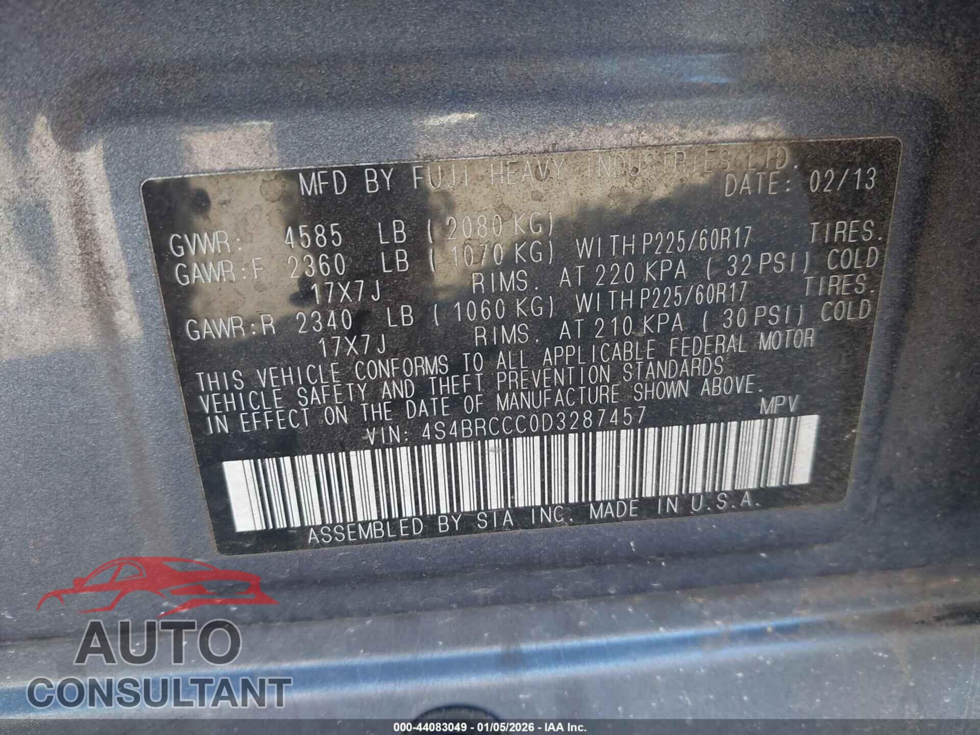 SUBARU OUTBACK 2013 - 4S4BRCCC0D3287457