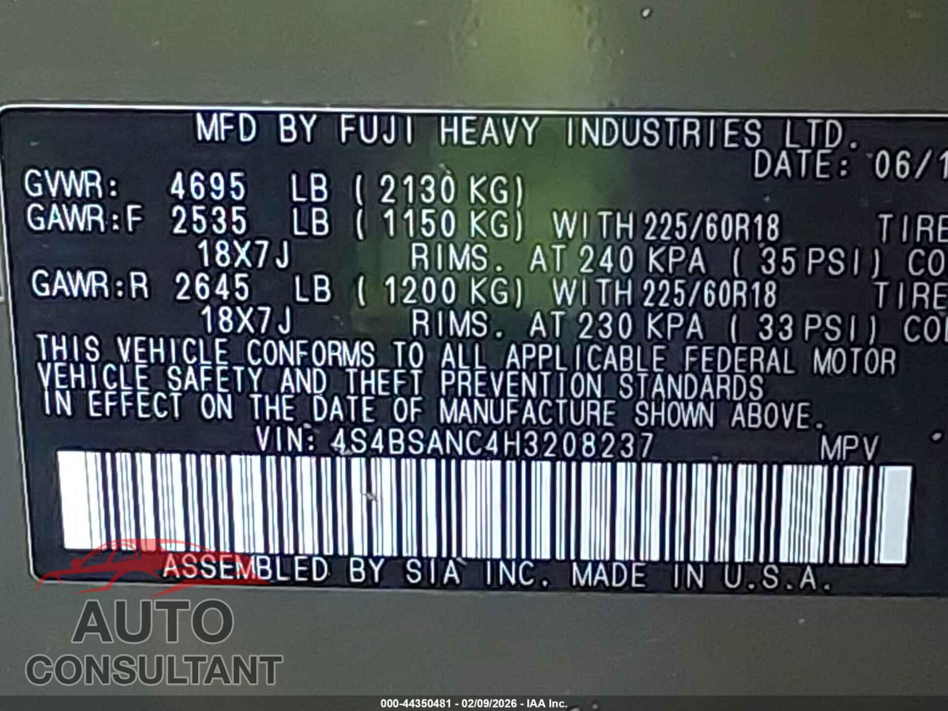 SUBARU OUTBACK 2017 - 4S4BSANC4H3208237