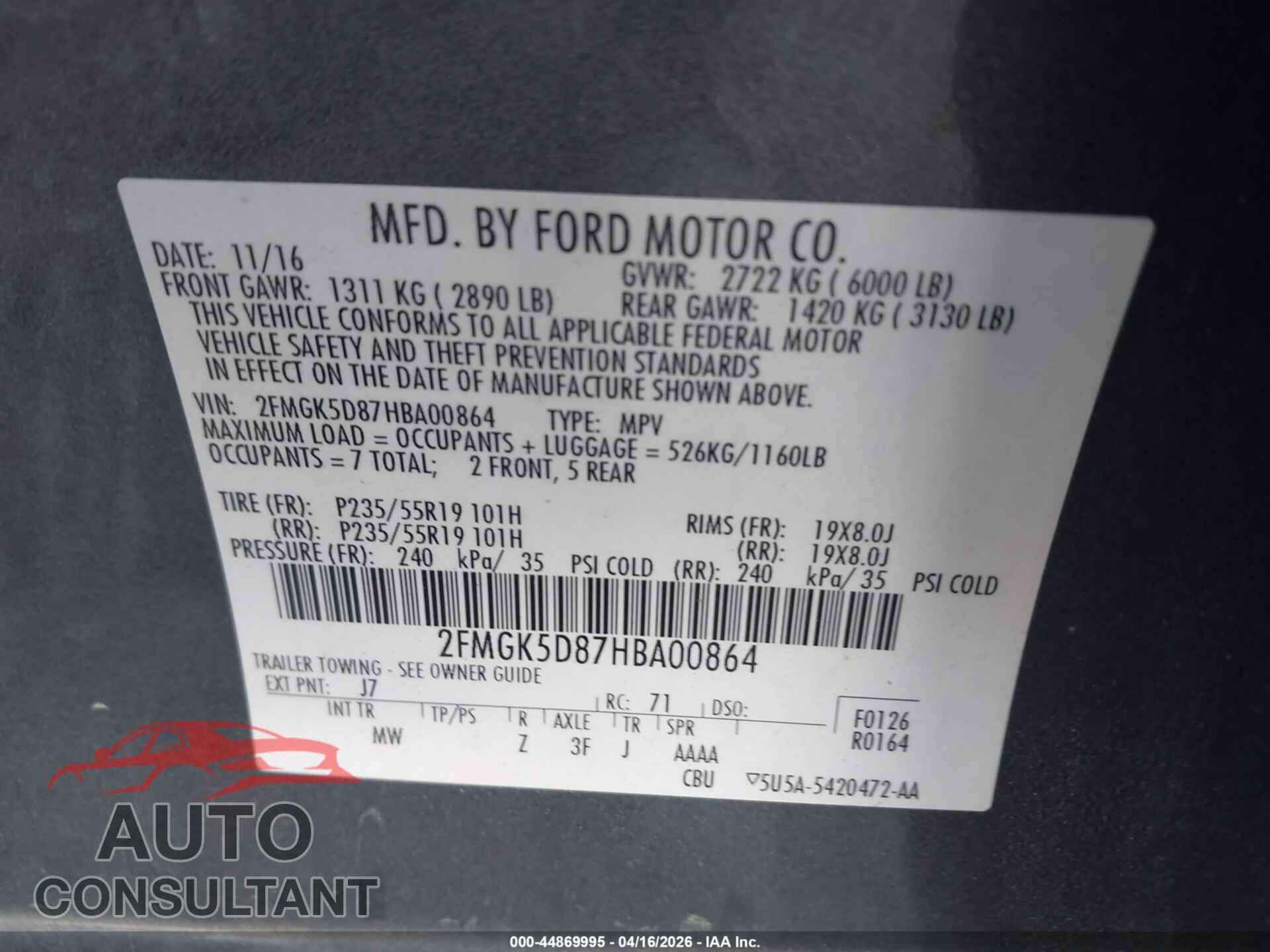 FORD FLEX 2017 - 2FMGK5D87HBA00864