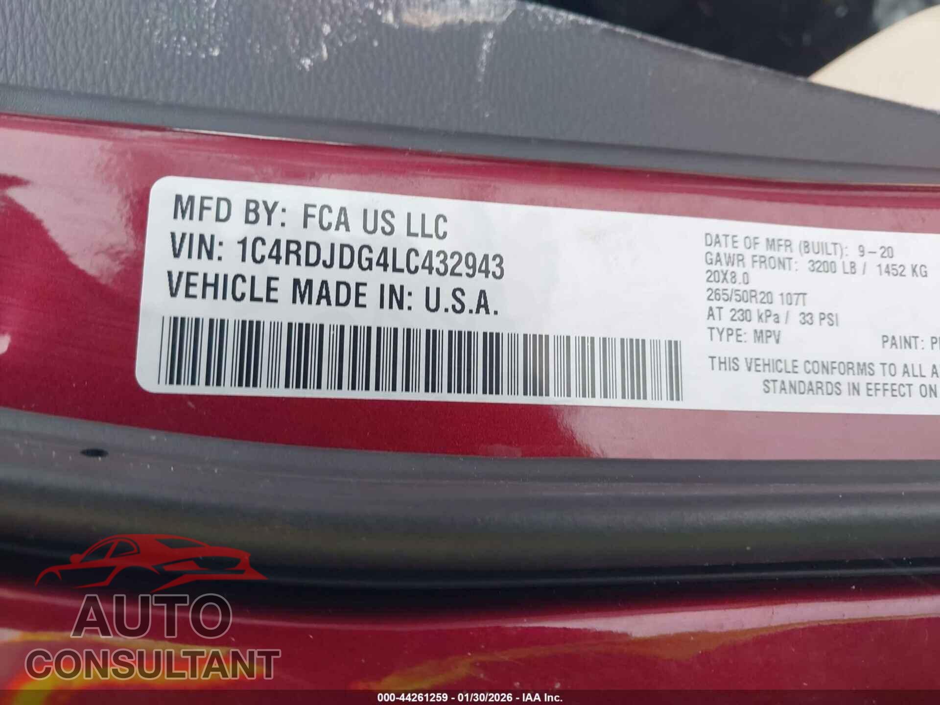 DODGE DURANGO 2020 - 1C4RDJDG4LC432943