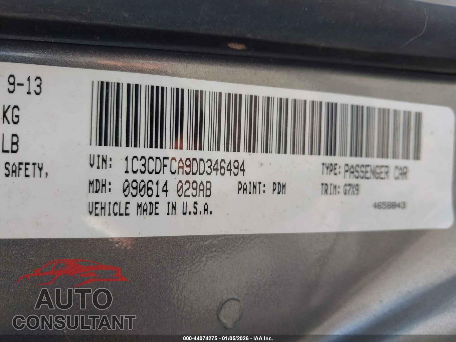 DODGE DART 2013 - 1C3CDFCA9DD346494