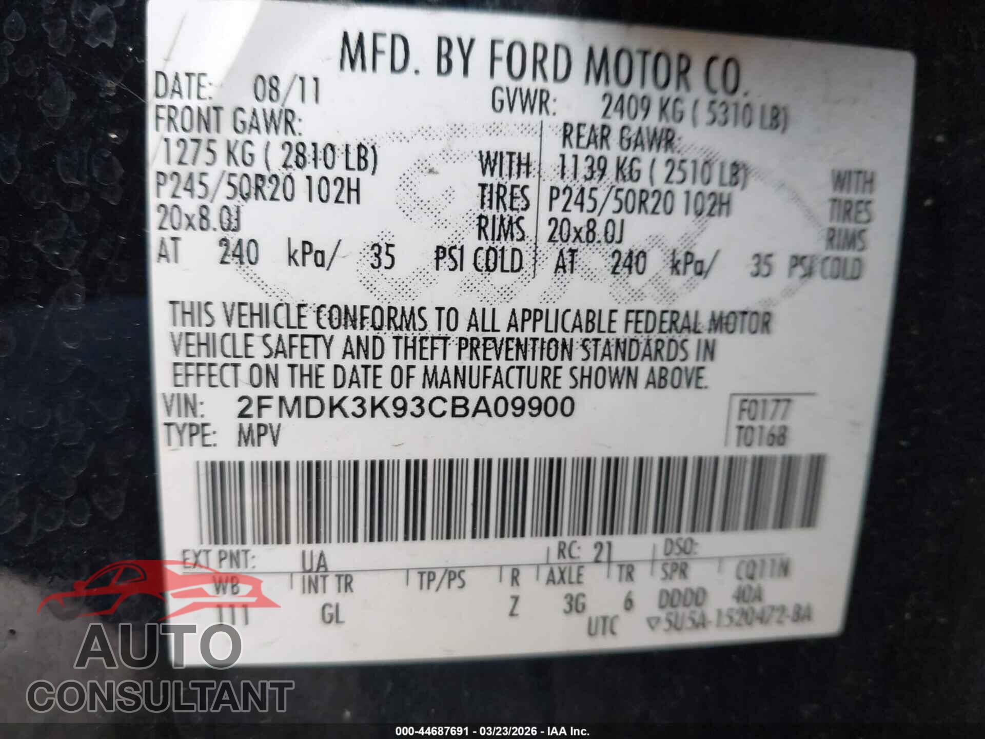FORD EDGE 2012 - 2FMDK3K93CBA09900