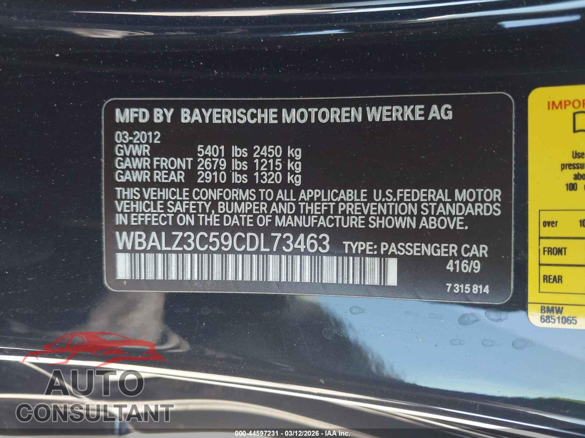 BMW 650I 2012 - WBALZ3C59CDL73463