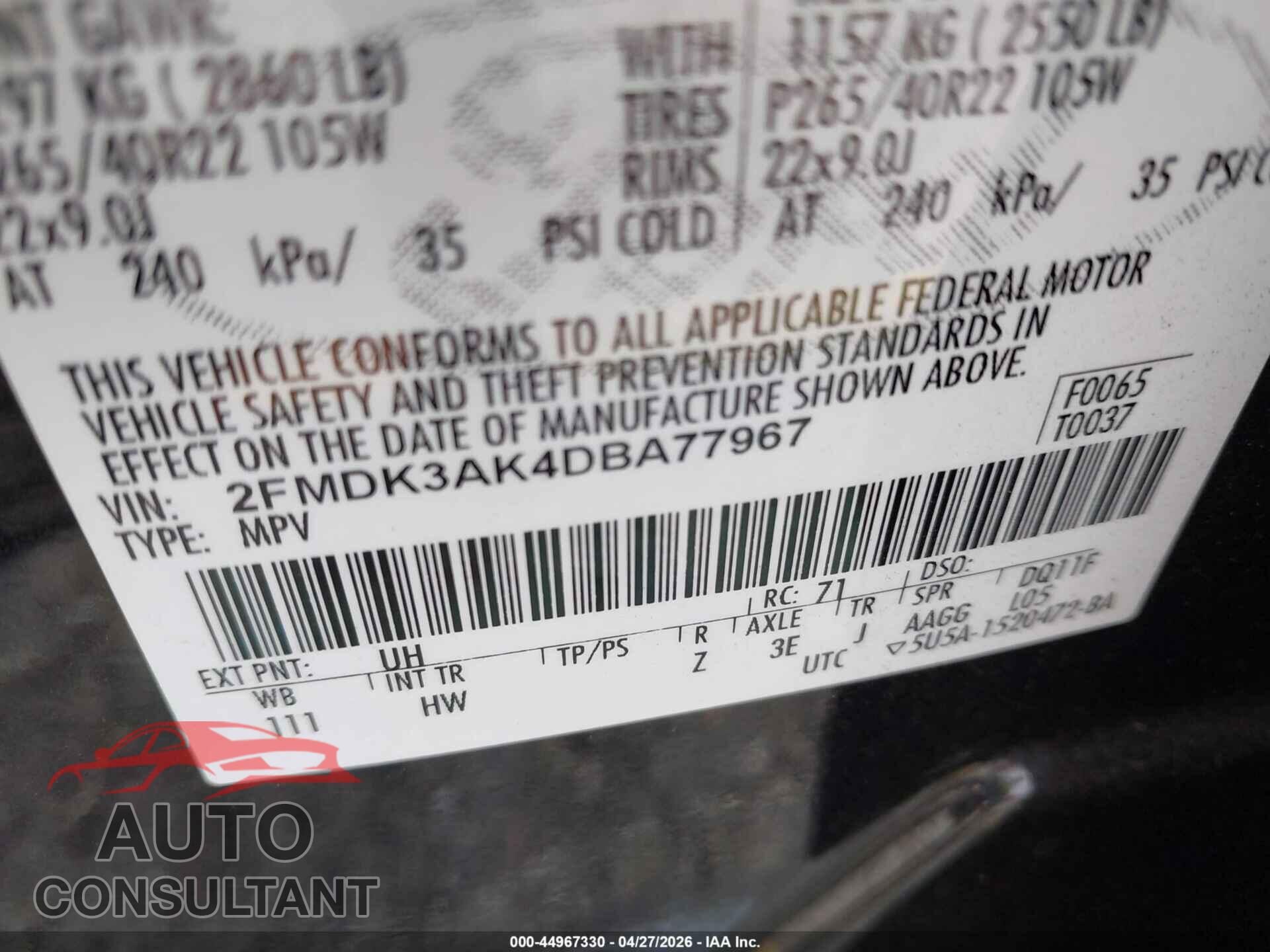 FORD EDGE 2013 - 2FMDK3AK4DBA77967
