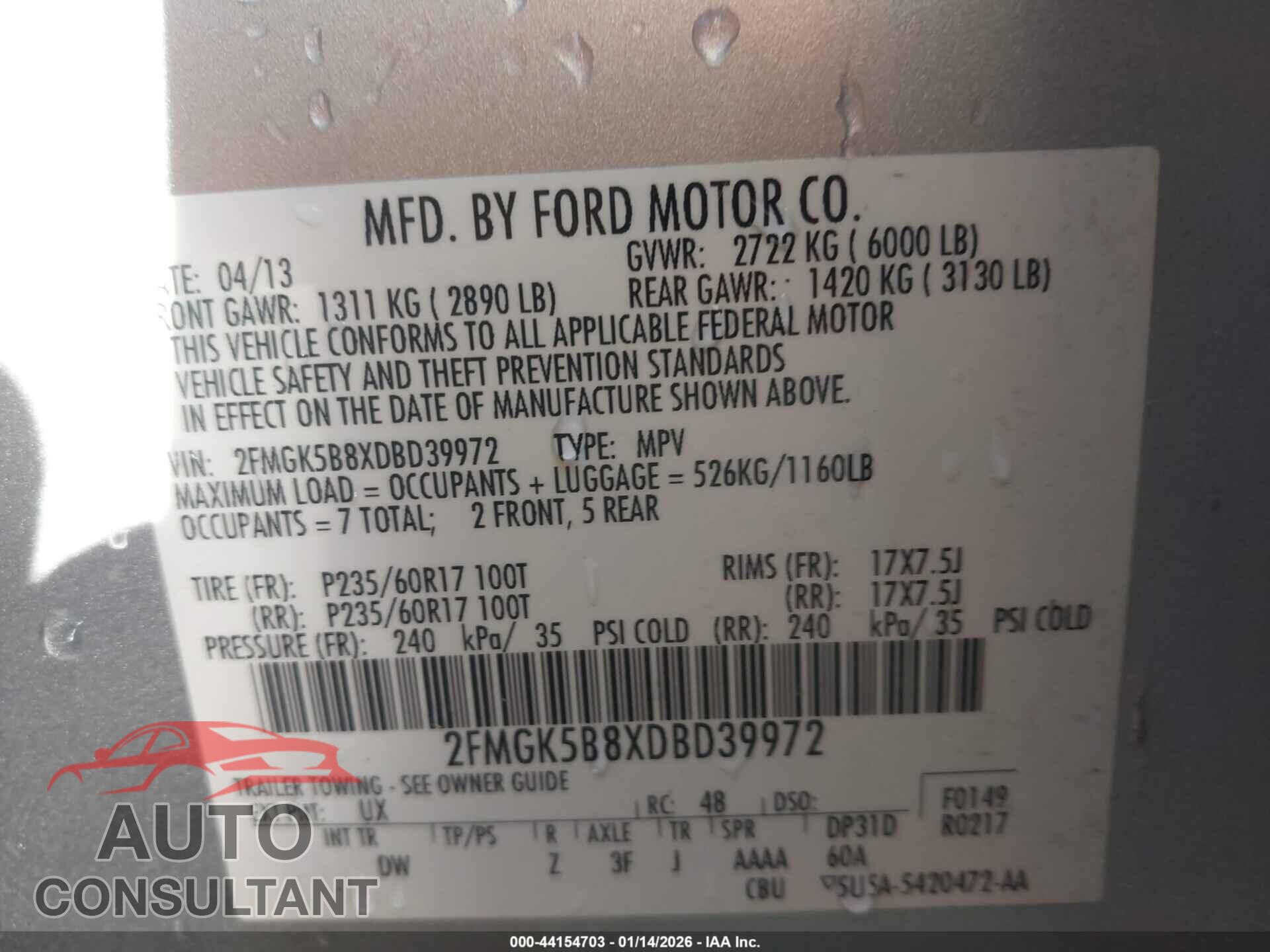 FORD FLEX 2013 - 2FMGK5B8XDBD39972
