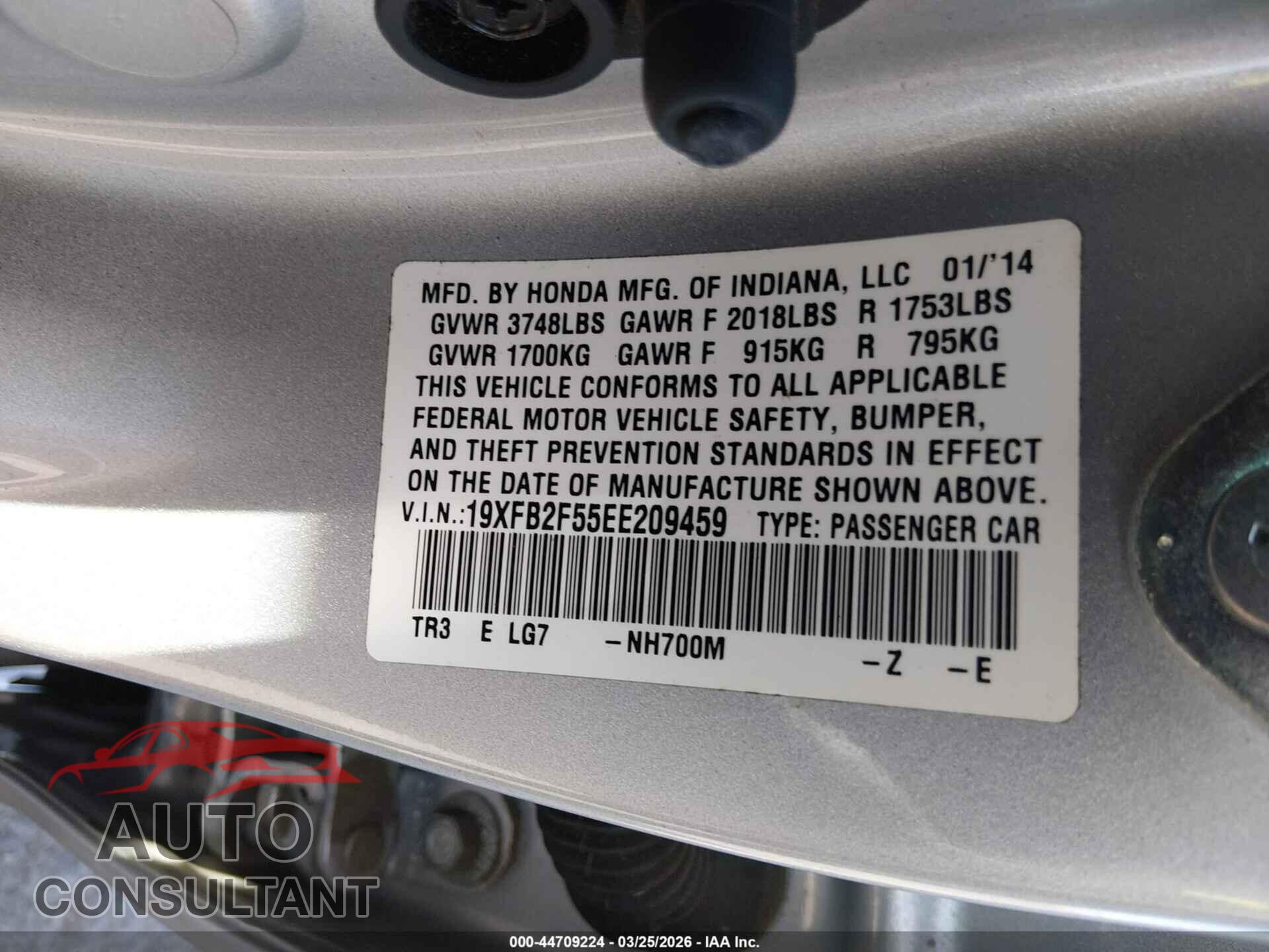 HONDA CIVIC 2014 - 19XFB2F55EE209459