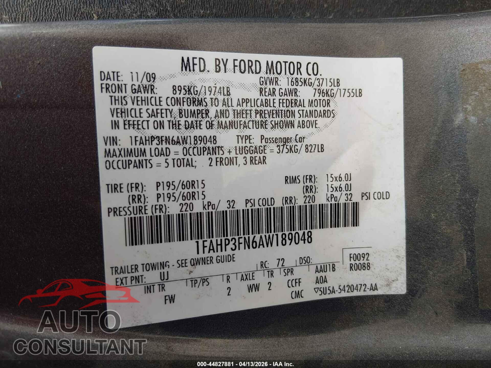 FORD FOCUS 2010 - 1FAHP3FN6AW189048