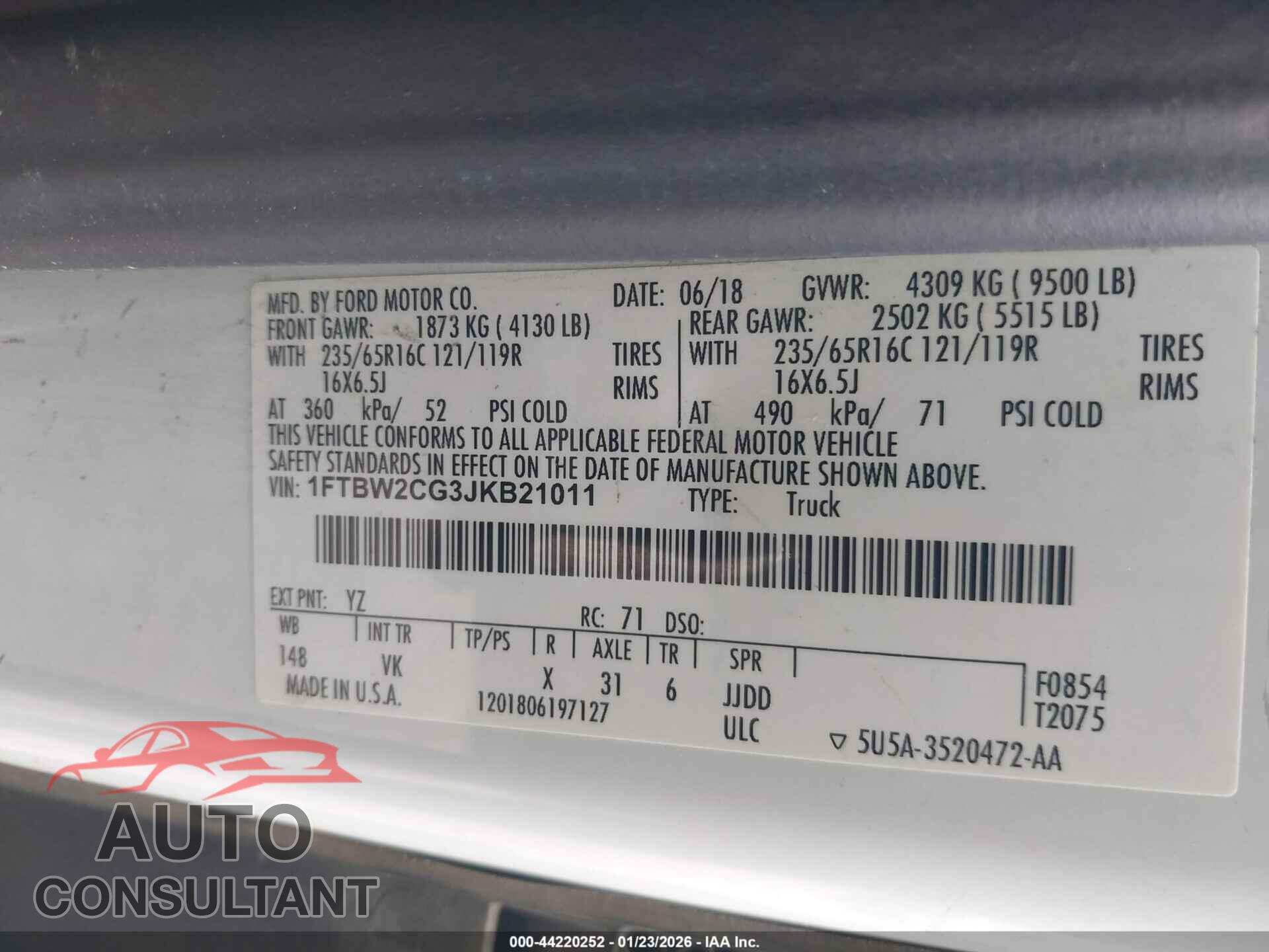 FORD TRANSIT-350 2018 - 1FTBW2CG3JKB21011