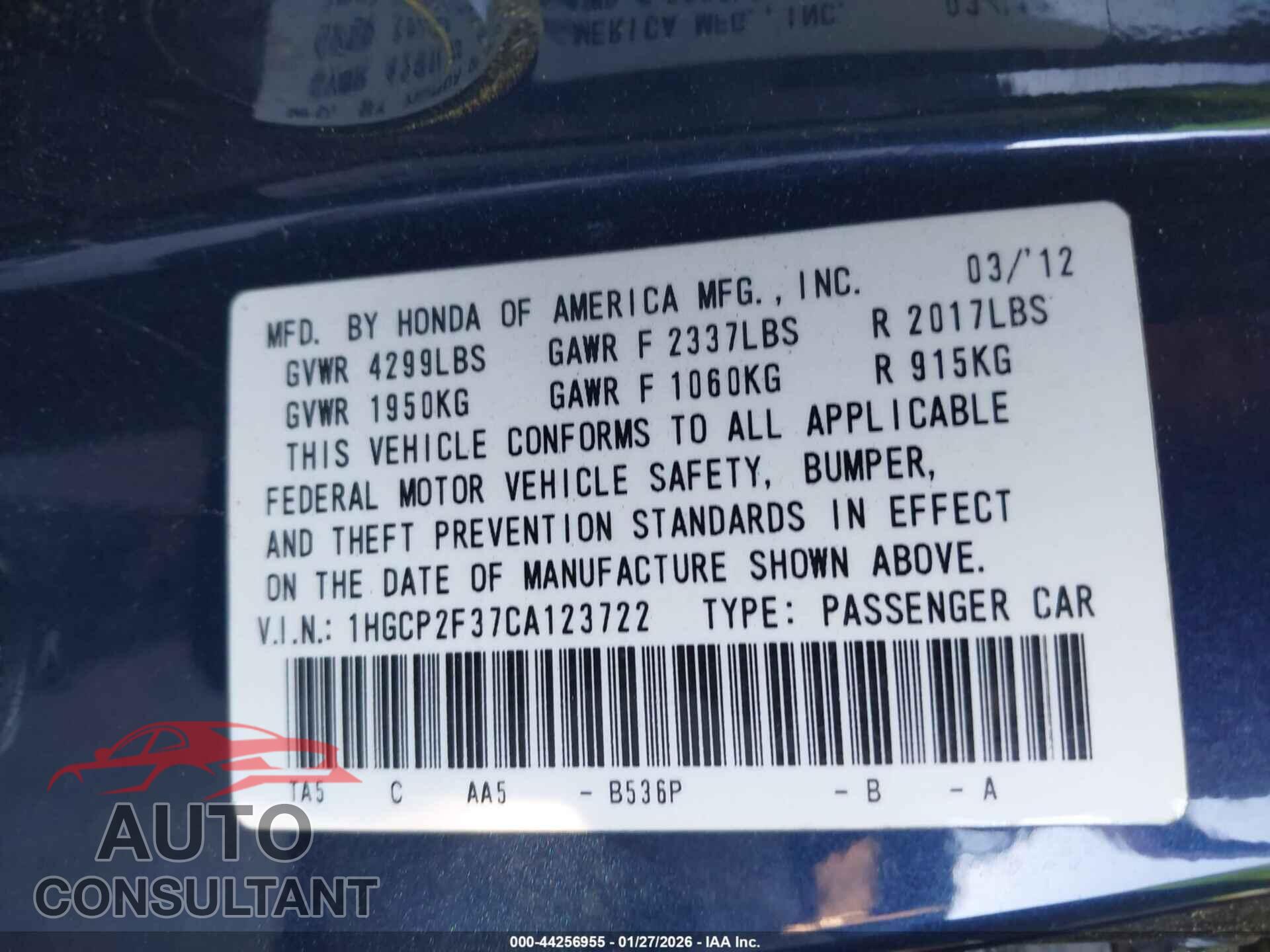 HONDA ACCORD 2012 - 1HGCP2F37CA123722