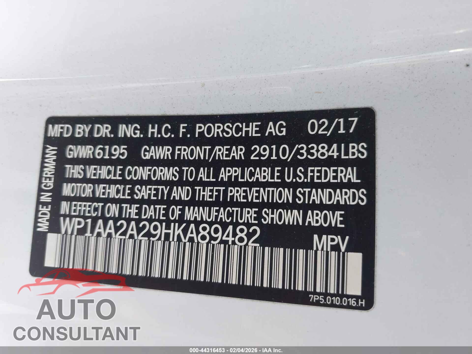 PORSCHE CAYENNE 2017 - WP1AA2A29HKA89482