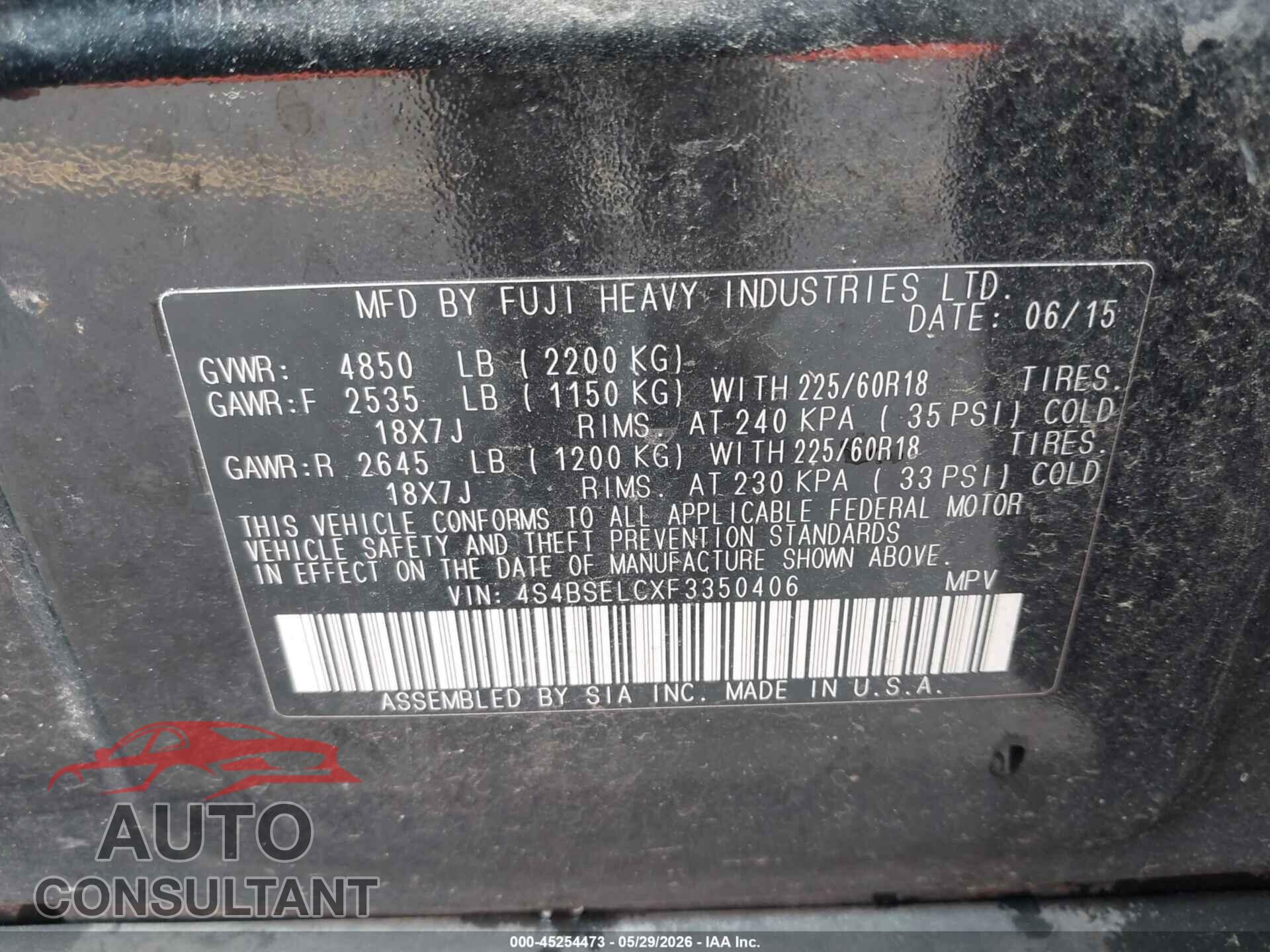 SUBARU OUTBACK 2015 - 4S4BSELCXF3350406