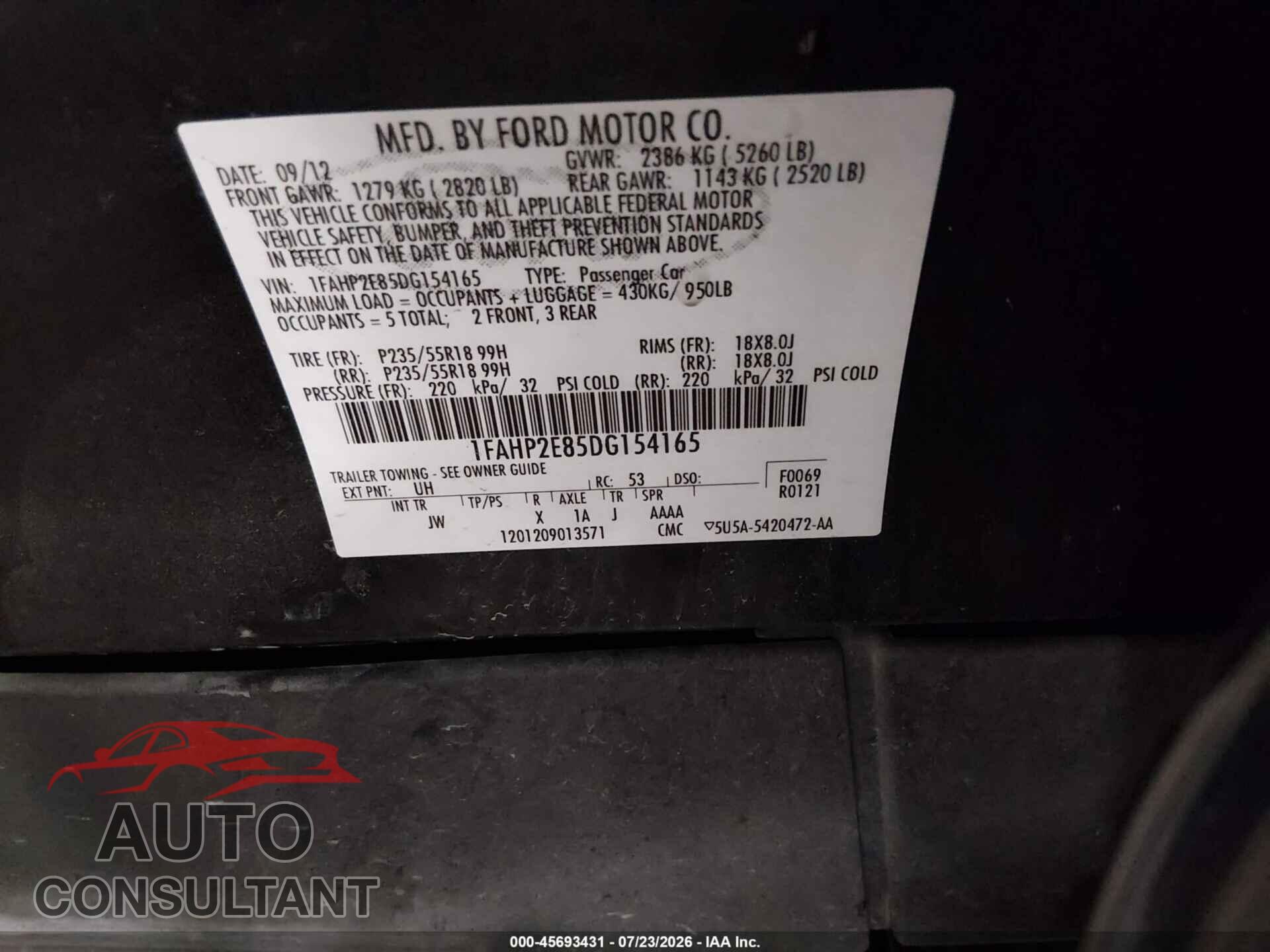 FORD TAURUS 2013 - 1FAHP2E85DG154165