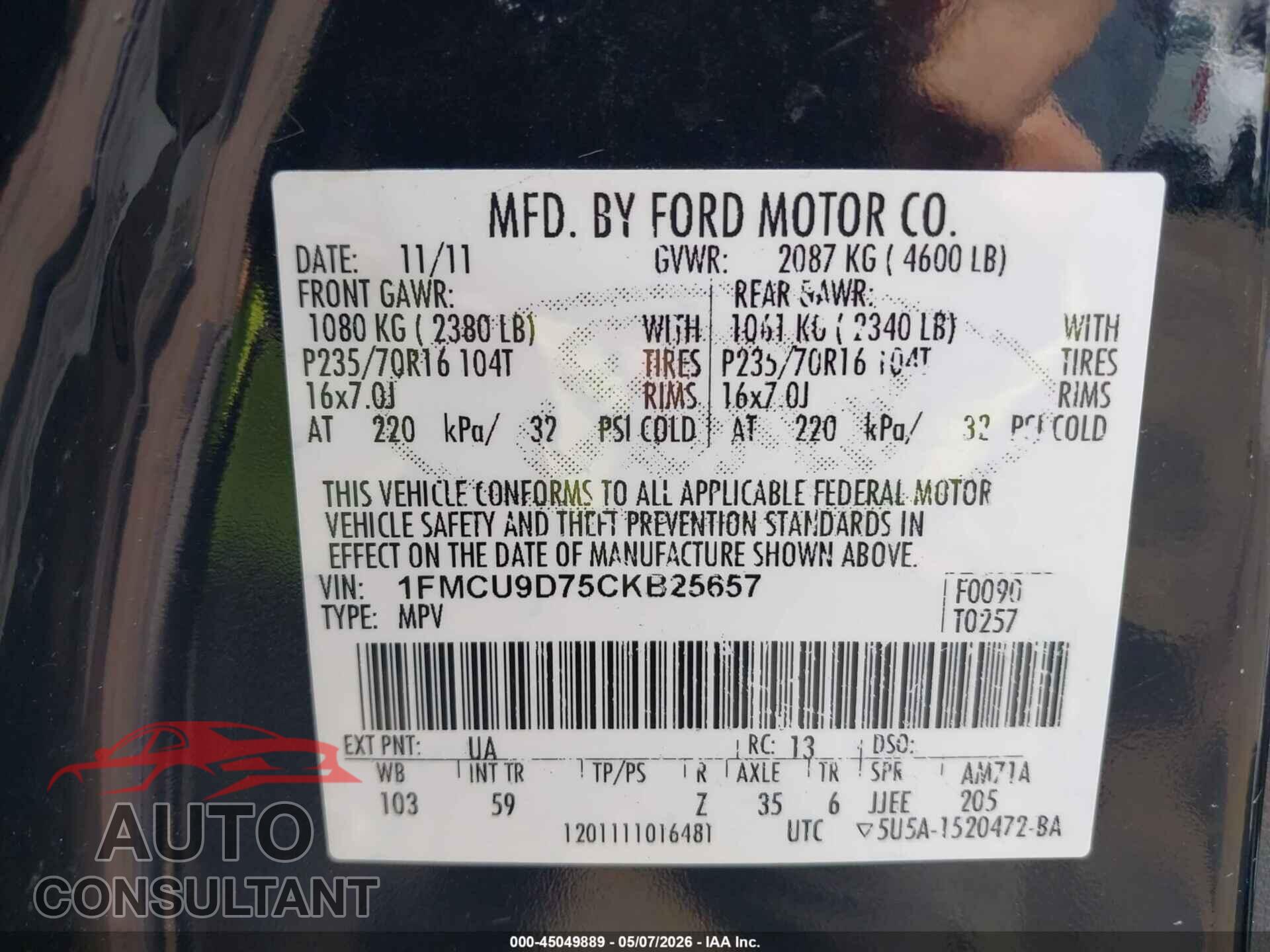 FORD ESCAPE 2012 - 1FMCU9D75CKB25657