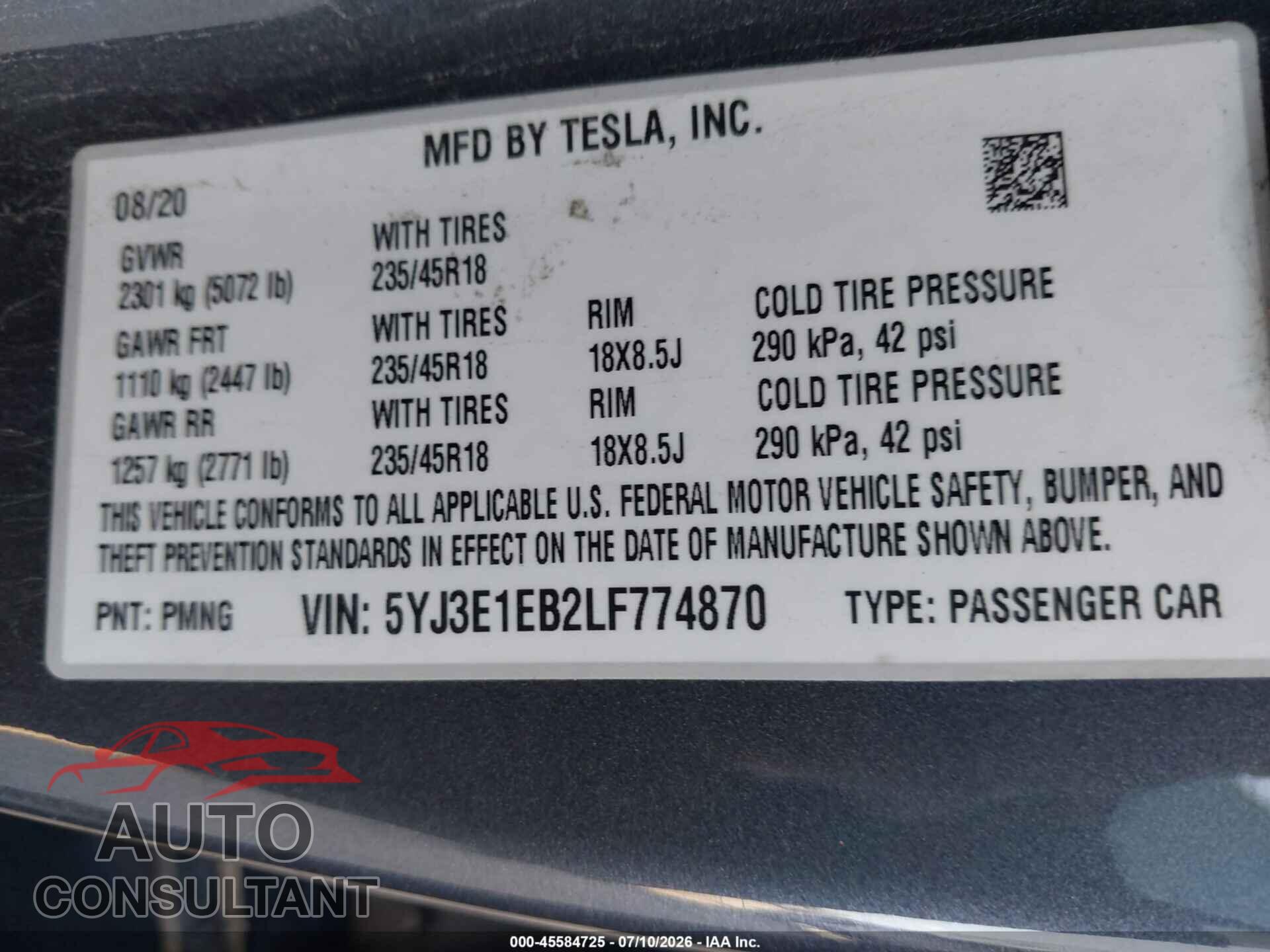 TESLA MODEL 3 2020 - 5YJ3E1EB2LF774870