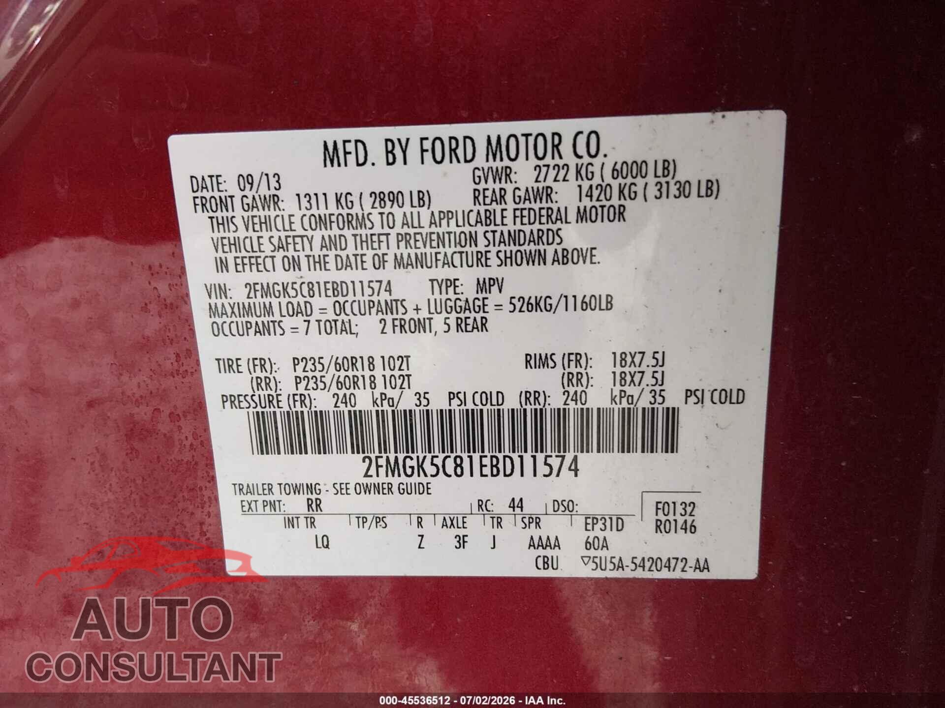 FORD FLEX 2014 - 2FMGK5C81EBD11574