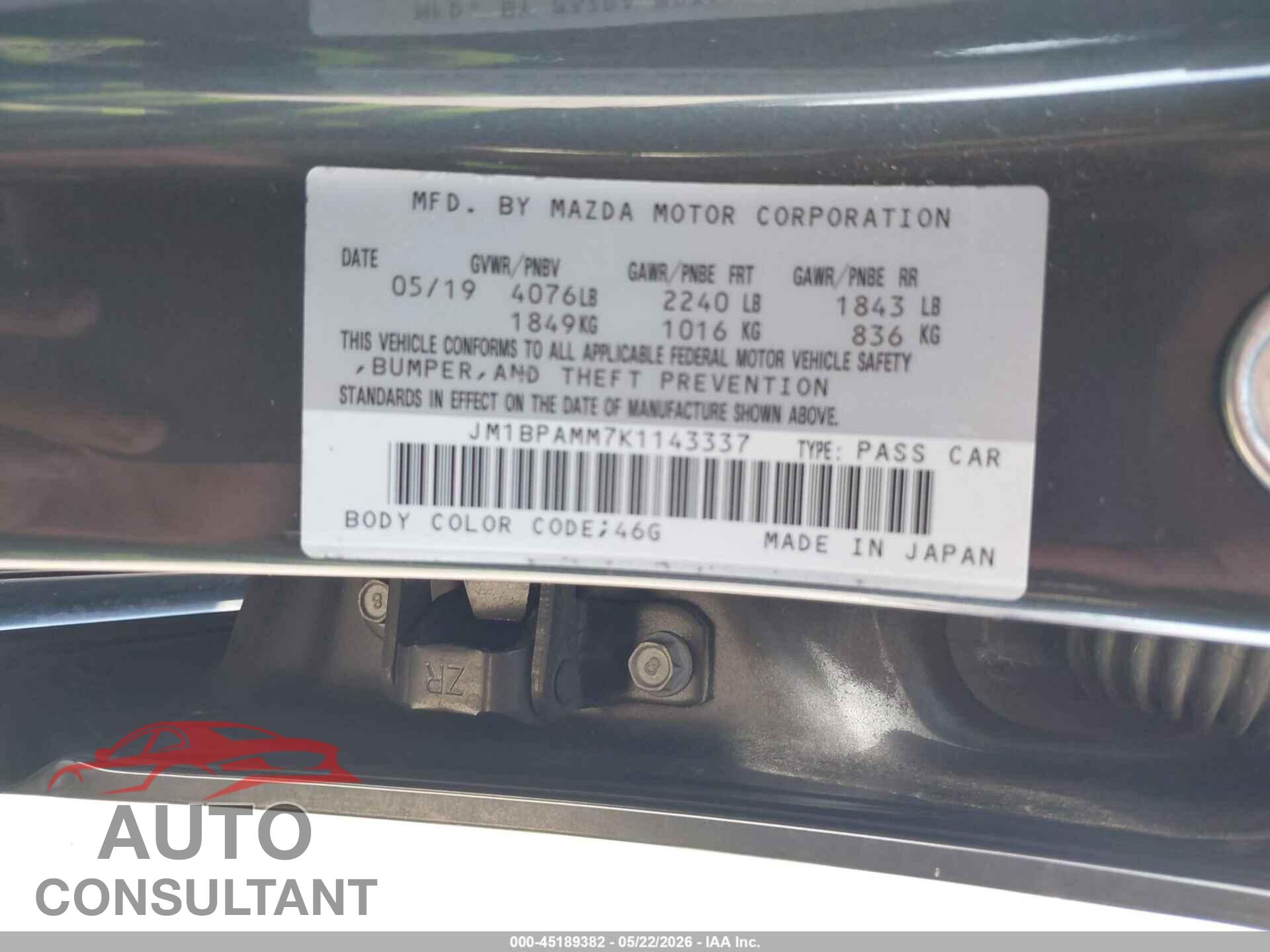 MAZDA MAZDA3 2019 - JM1BPAMM7K1143337