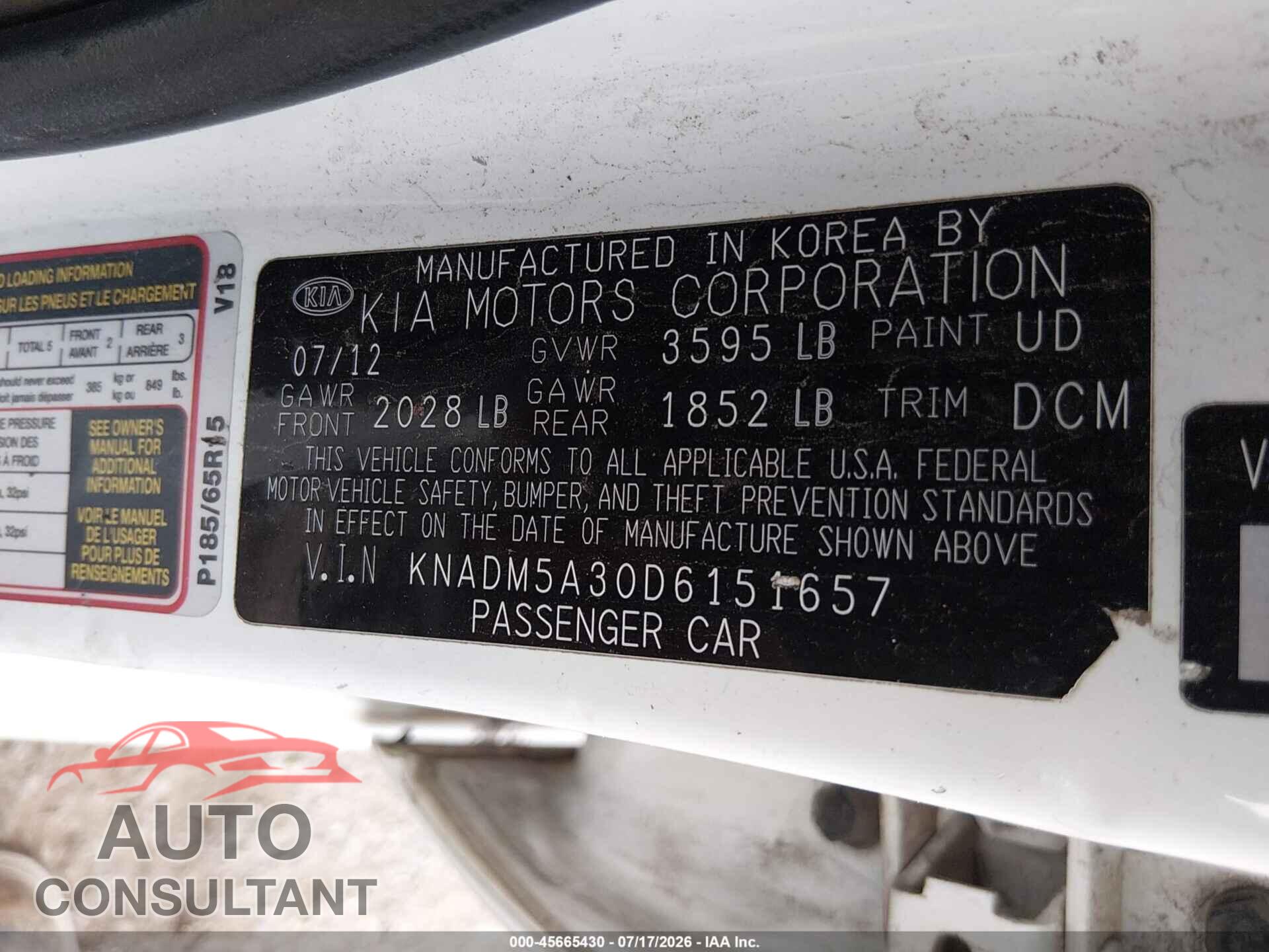 KIA RIO 2013 - KNADM5A30D6151657
