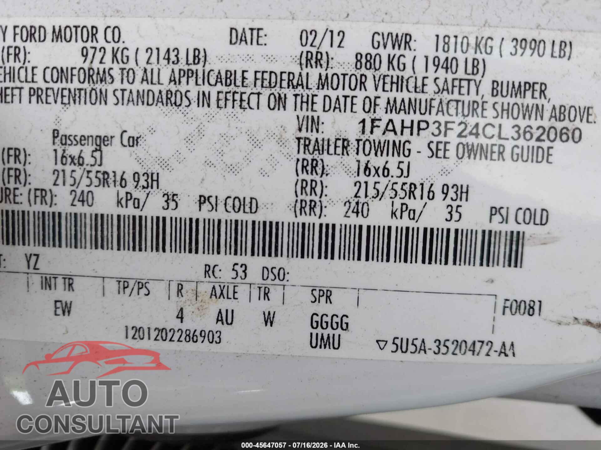 FORD FOCUS 2012 - 1FAHP3F24CL362060