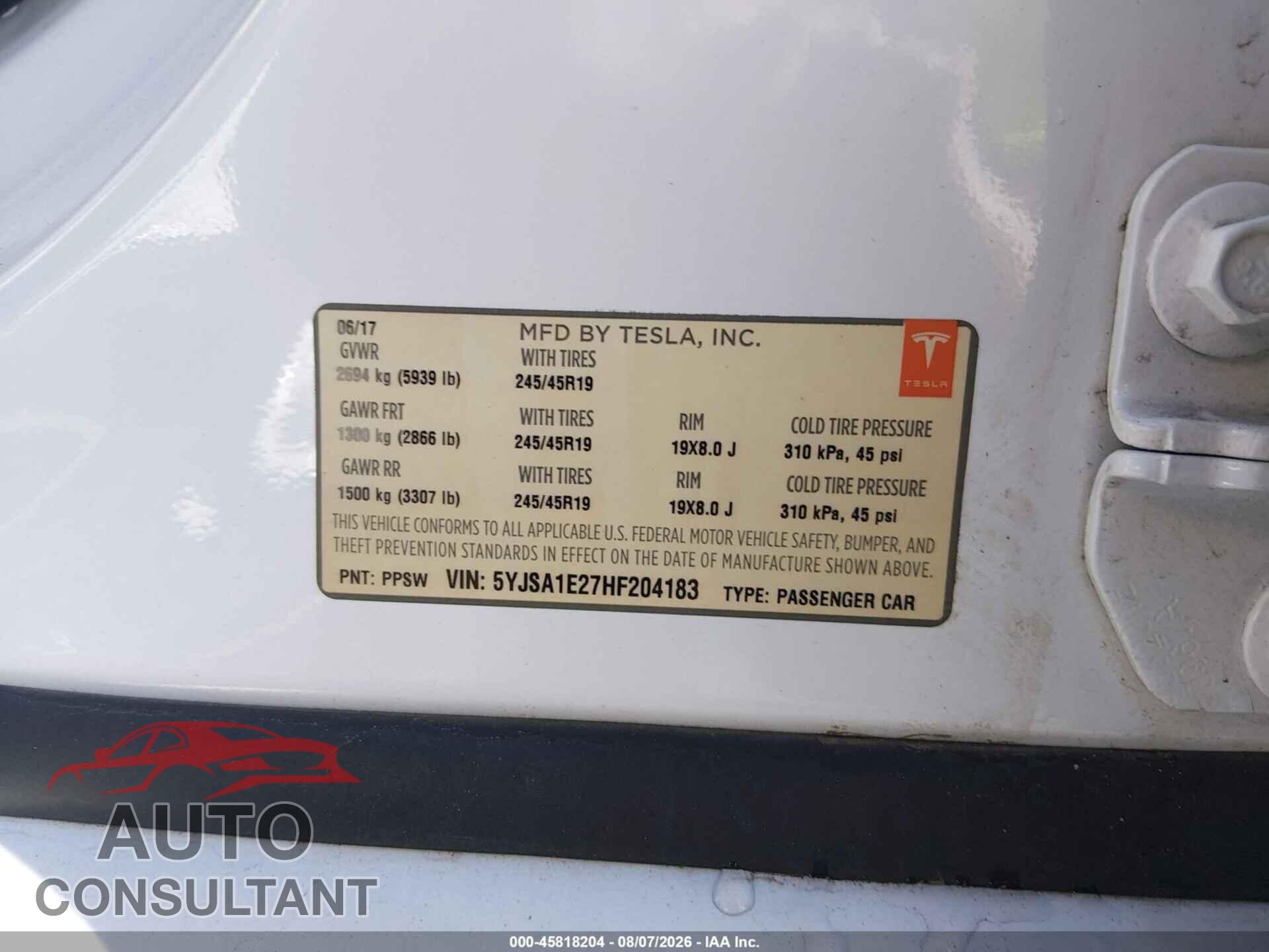 TESLA MODEL S 2017 - 5YJSA1E27HF204183