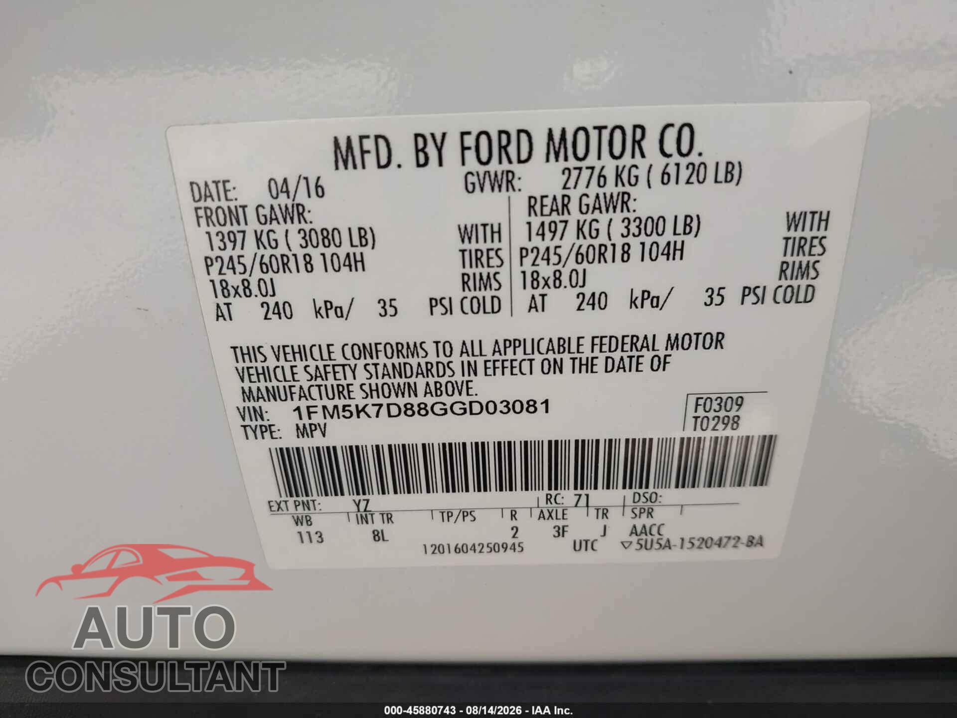 FORD EXPLORER 2016 - 1FM5K7D88GGD03081