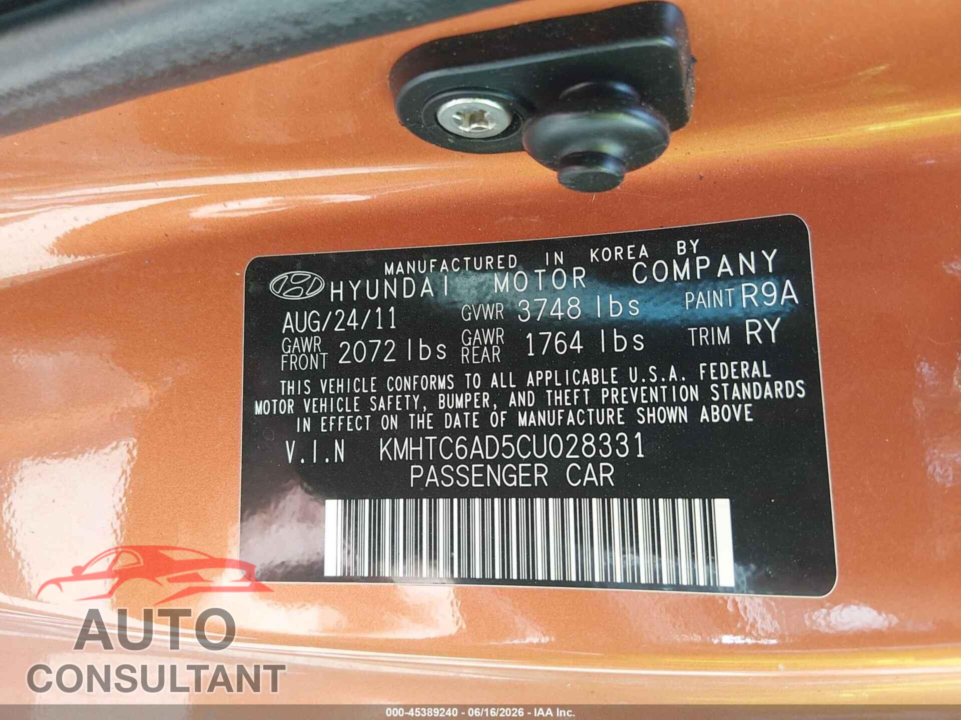 HYUNDAI VELOSTER 2012 - KMHTC6AD5CU028331
