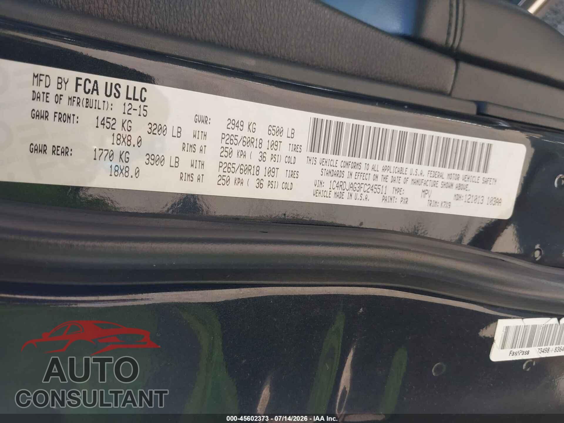 DODGE DURANGO 2015 - 1C4RDJAG3FC245511