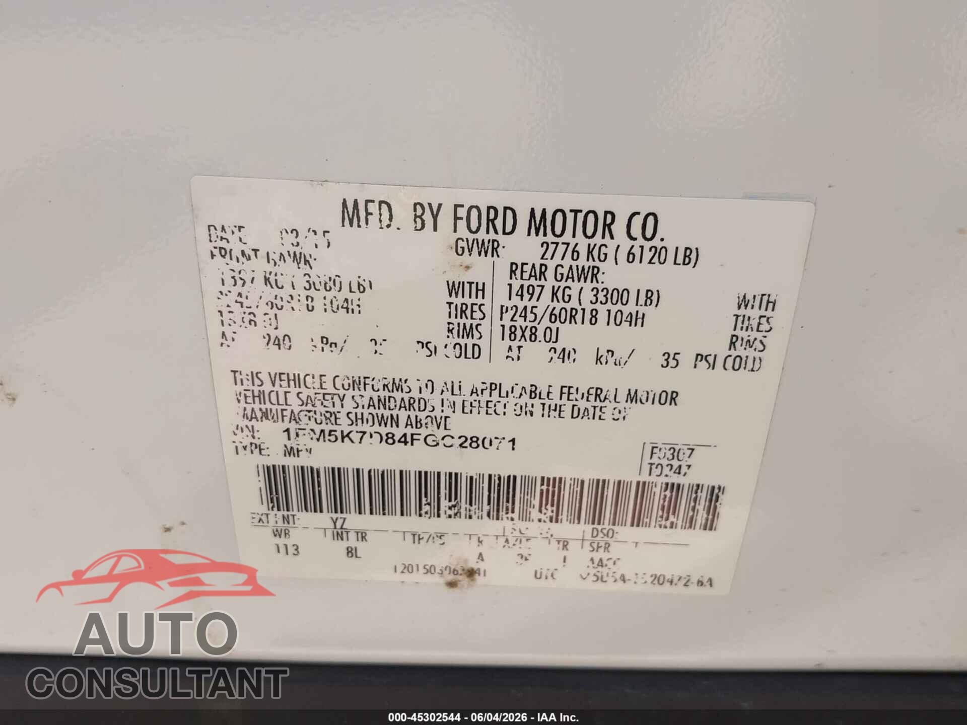 FORD EXPLORER 2015 - 1FM5K7D84FGC28071