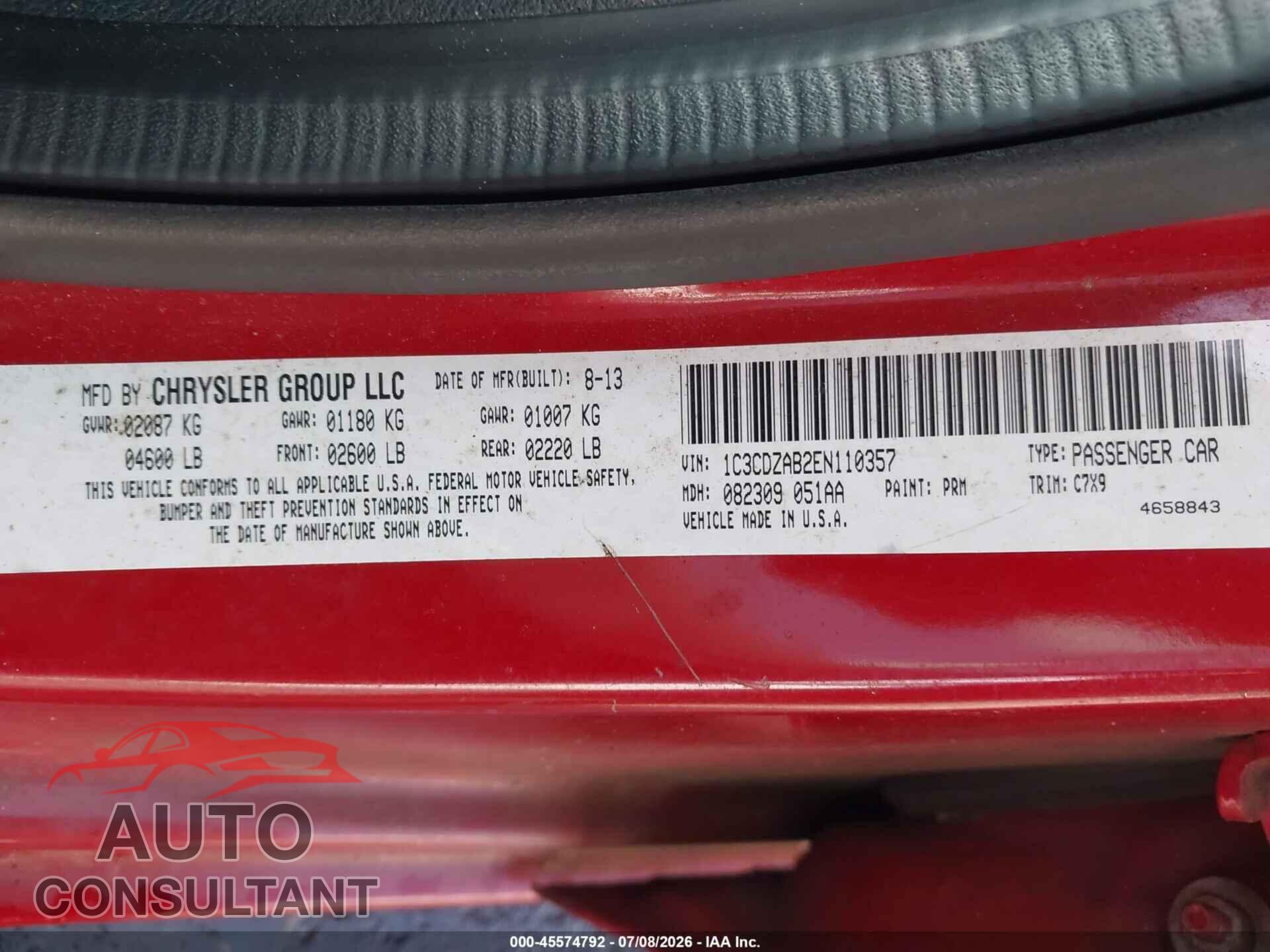 DODGE AVENGER 2014 - 1C3CDZAB2EN110357