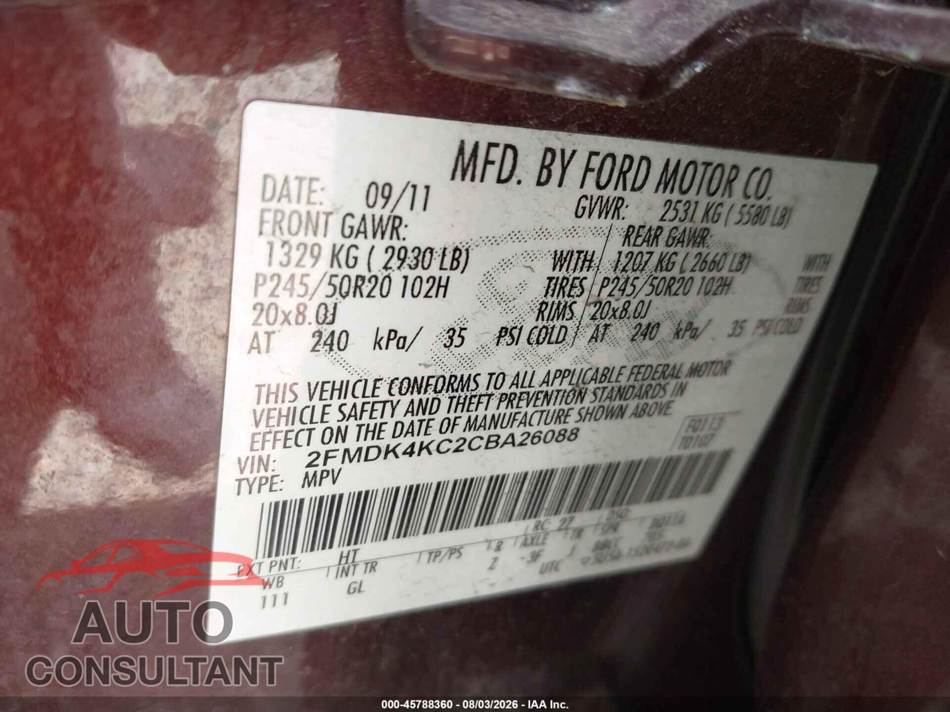 FORD EDGE 2012 - 2FMDK4KC2CBA26088