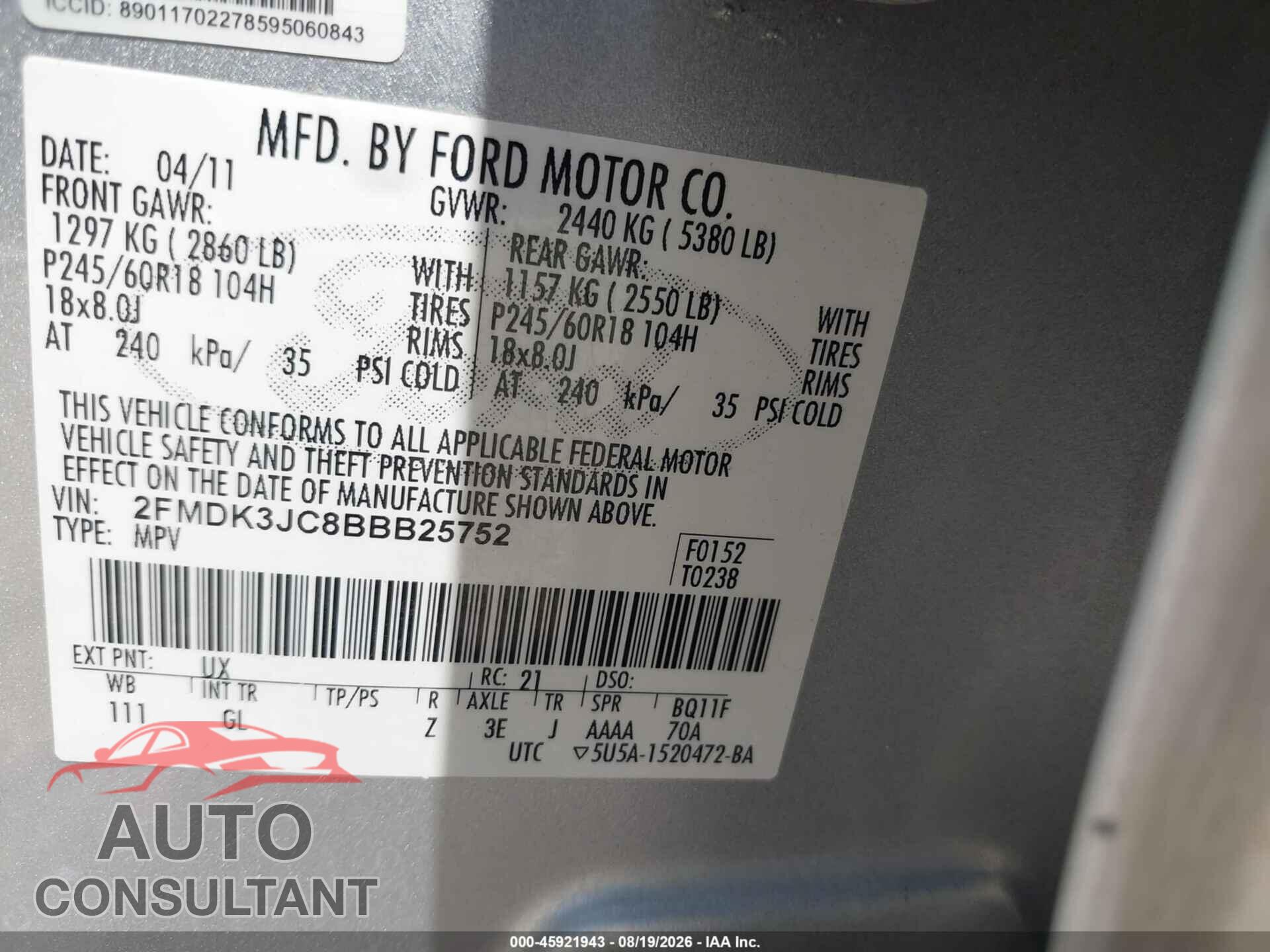 FORD EDGE 2011 - 2FMDK3JC8BBB25752