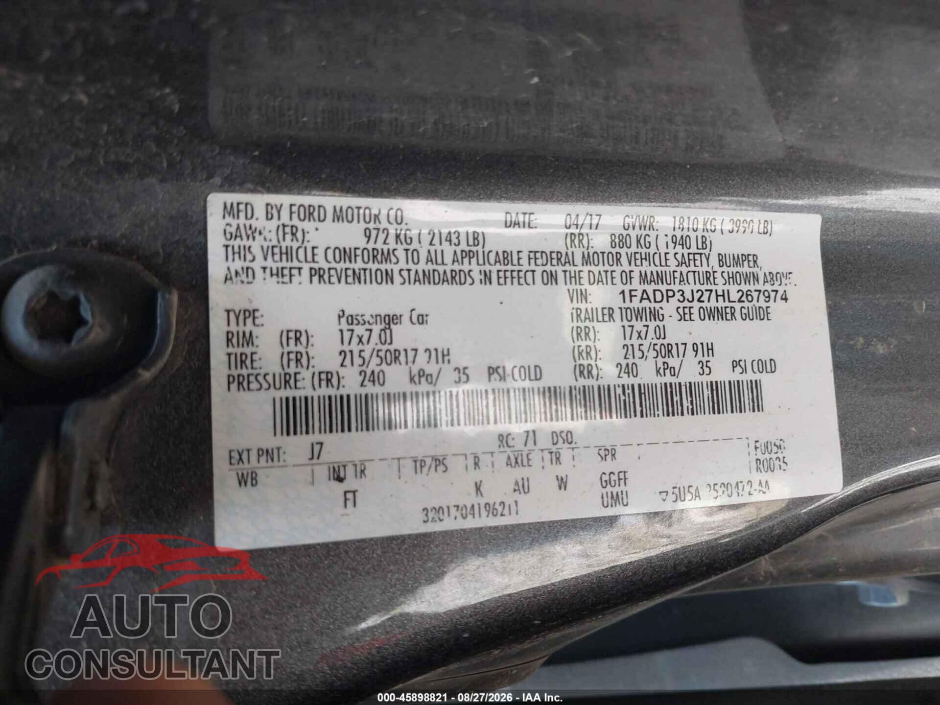 FORD FOCUS 2017 - 1FADP3J27HL267974