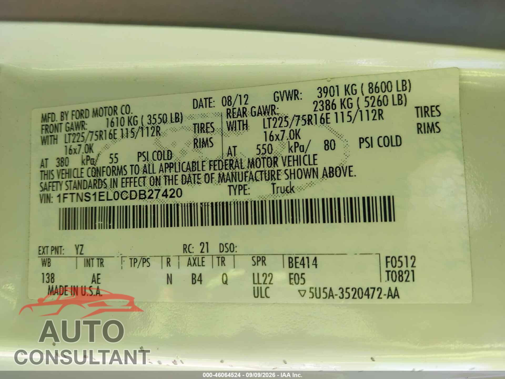FORD E-150 2012 - 1FTNS1EL0CDB27420