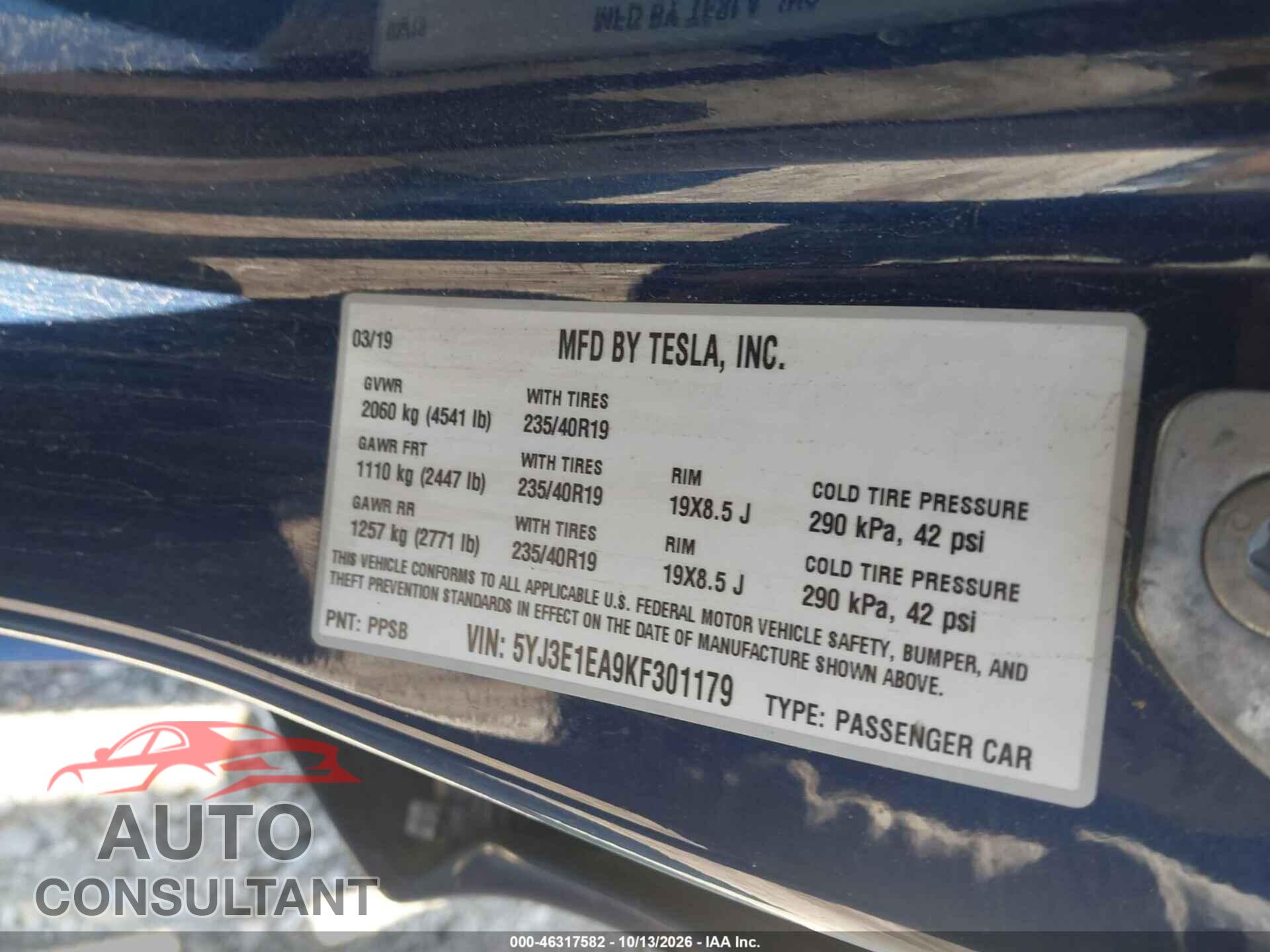TESLA MODEL 3 2019 - 5YJ3E1EA9KF301179