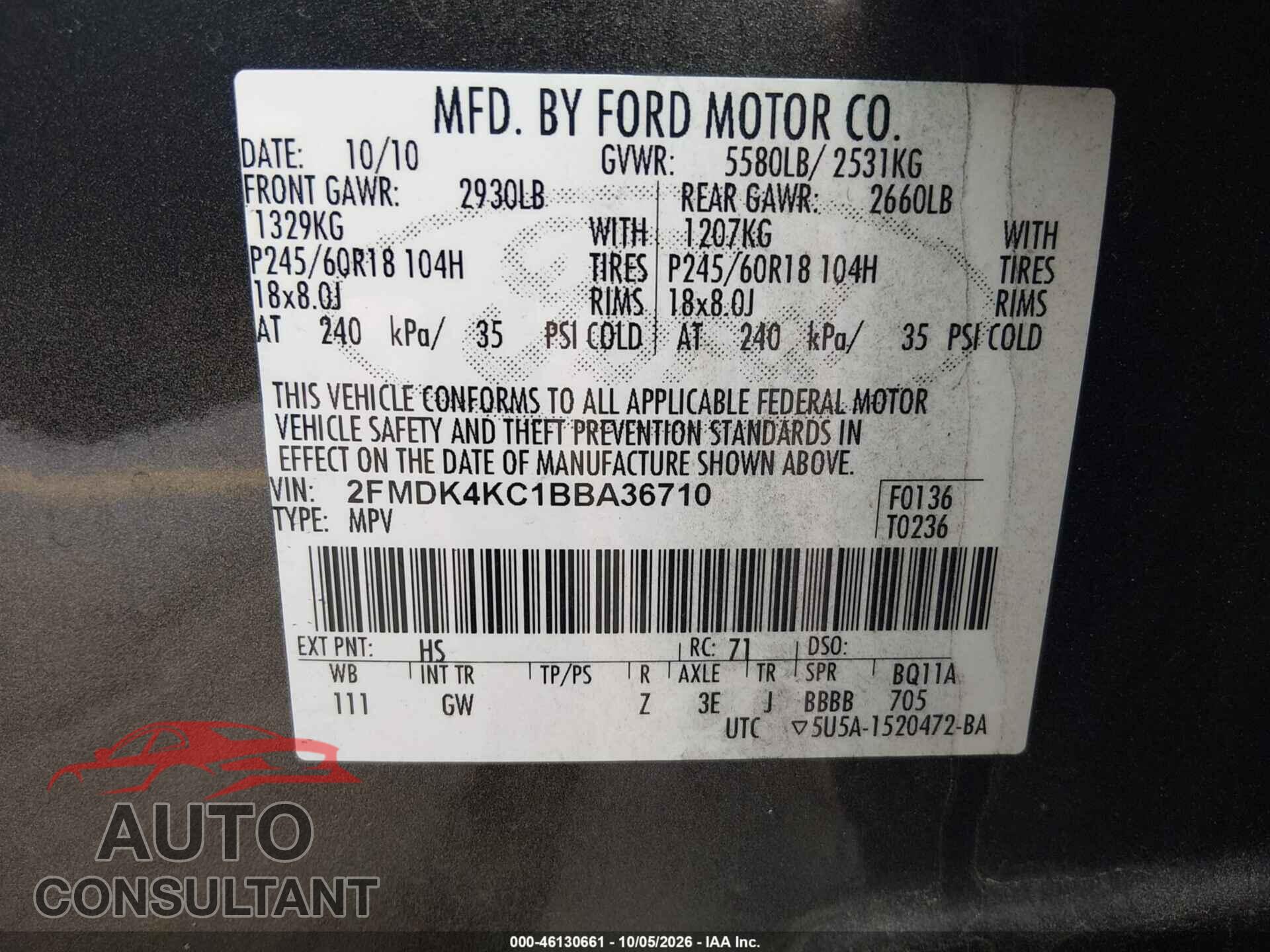 FORD EDGE 2011 - 2FMDK4KC1BBA36710