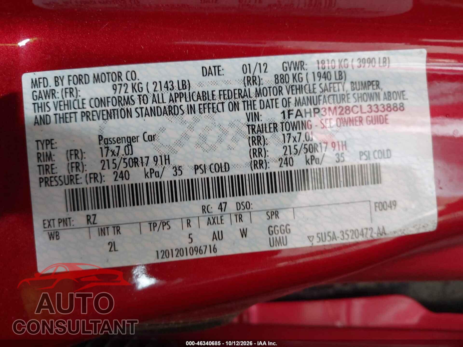FORD FOCUS 2012 - 1FAHP3M28CL333888