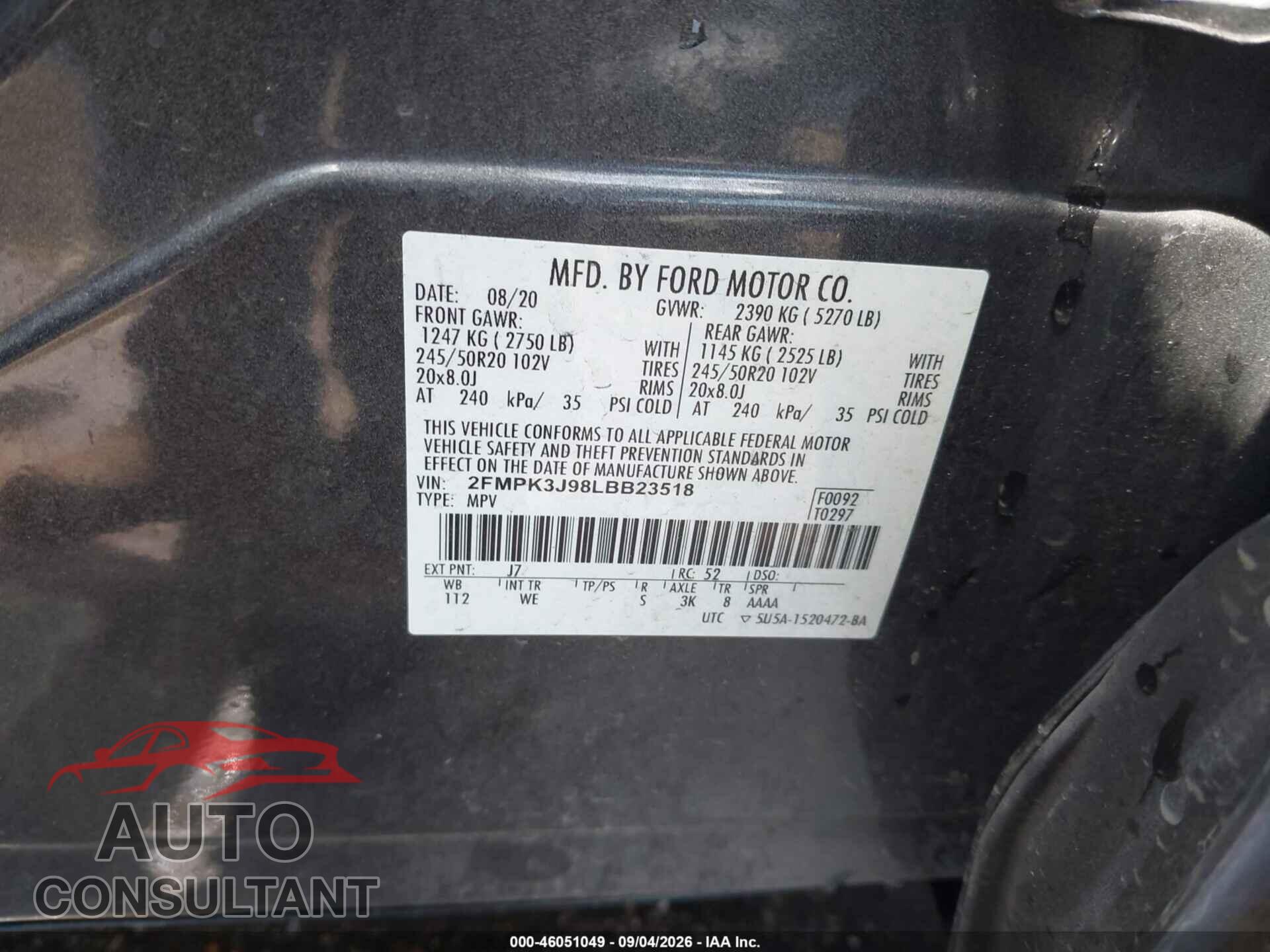FORD EDGE 2020 - 2FMPK3J98LBB23518